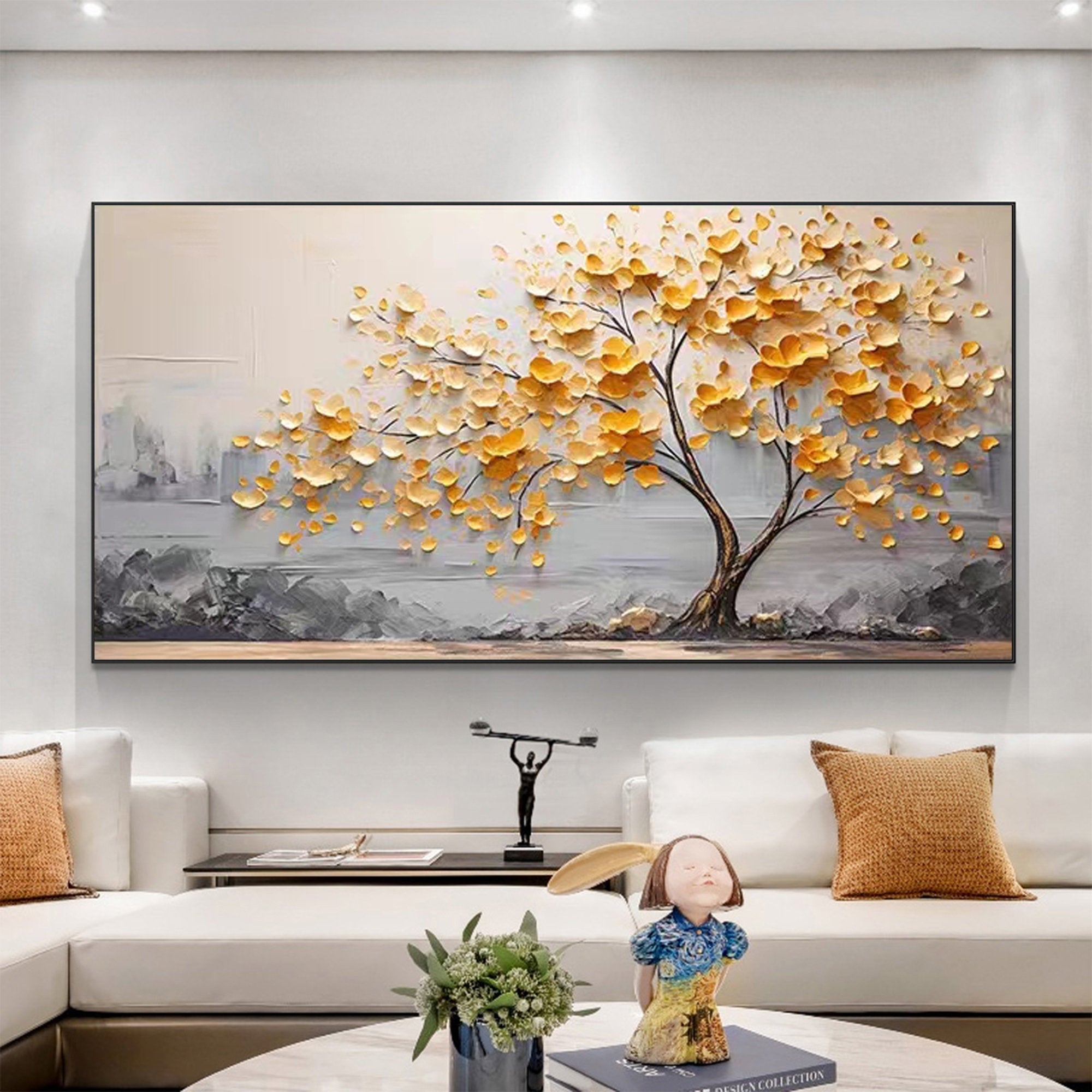 Brighten your living space with this exquisite handmade oil painting of a golden tree, where every leaf appears to float gracefully against a soft, misty background.