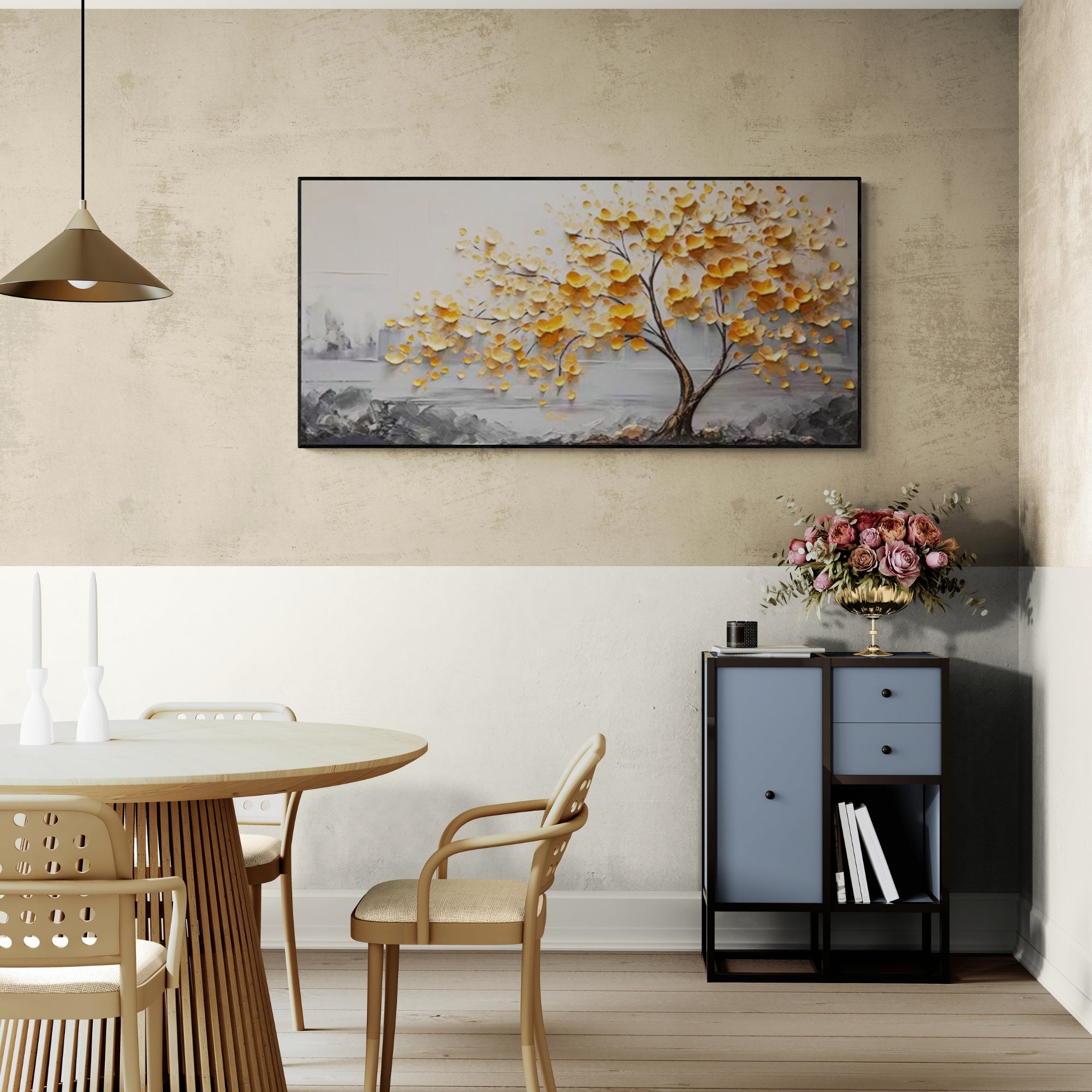 Transform your wall into a statement of luxury and peace with this intricate handmade oil painting of a golden-leafed tree, crafted with rich texture and delicate artistry.