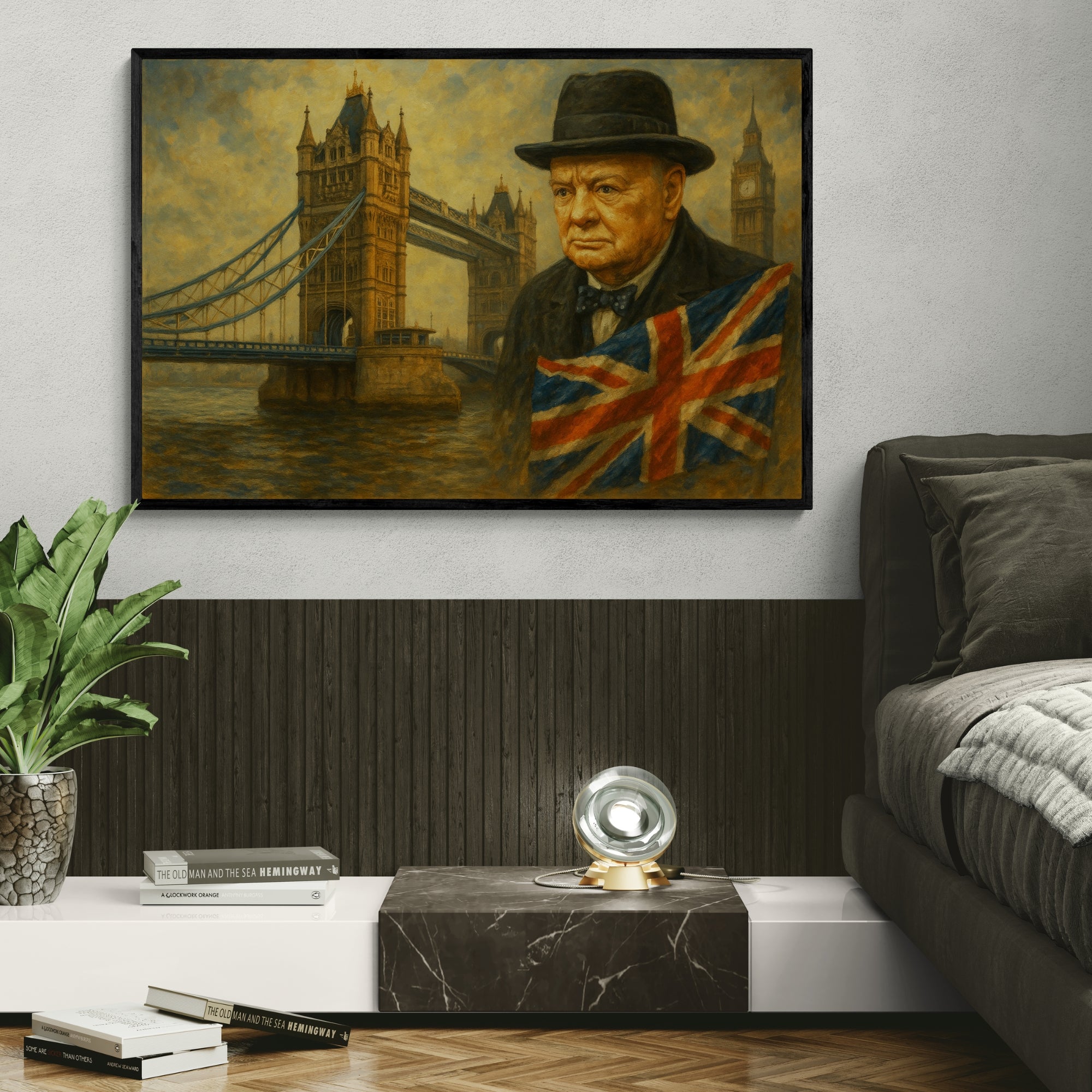 Elegant Churchill and London landmark oil artwork, made to complement traditional or academic interiors.
