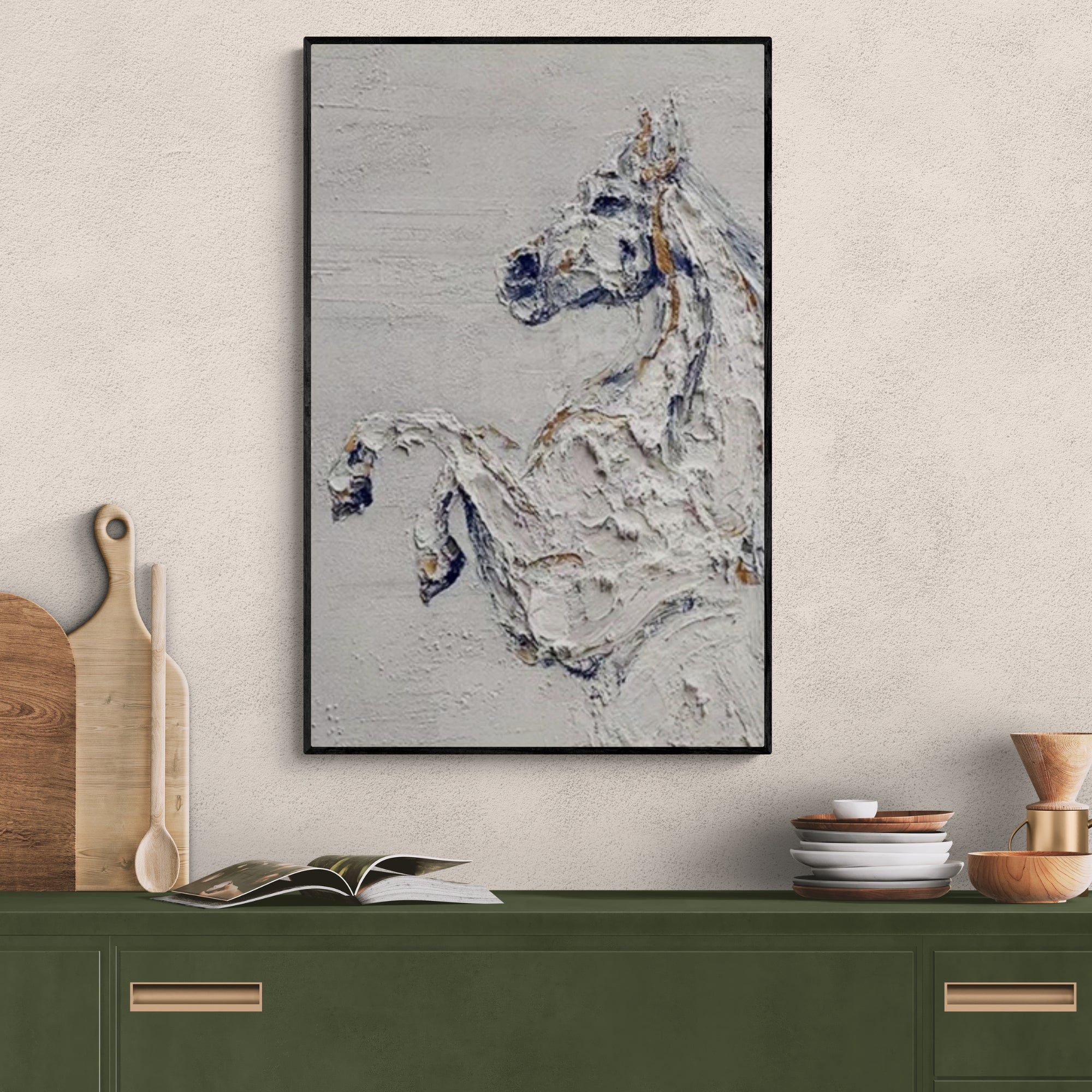 This expressive horse painting brings warmth and motion to homey, natural interiors.