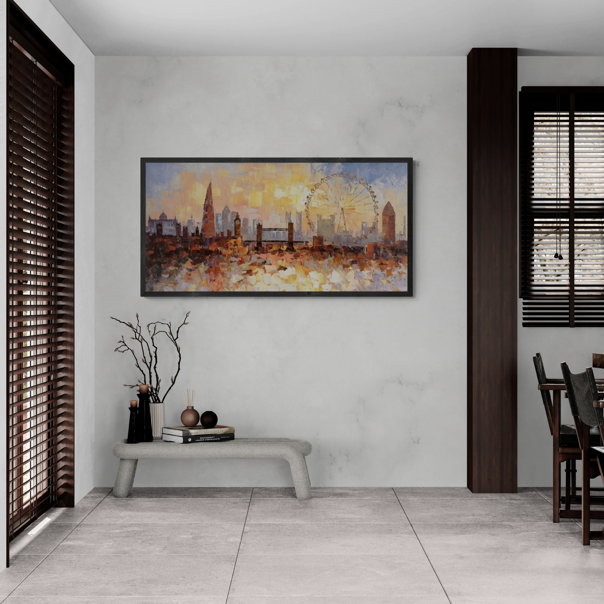 Elegant horizontal wall art of London landmarks, blending warm earth tones and soft light—perfect for elevating cozy nooks, hallways, or urban-inspired interiors.