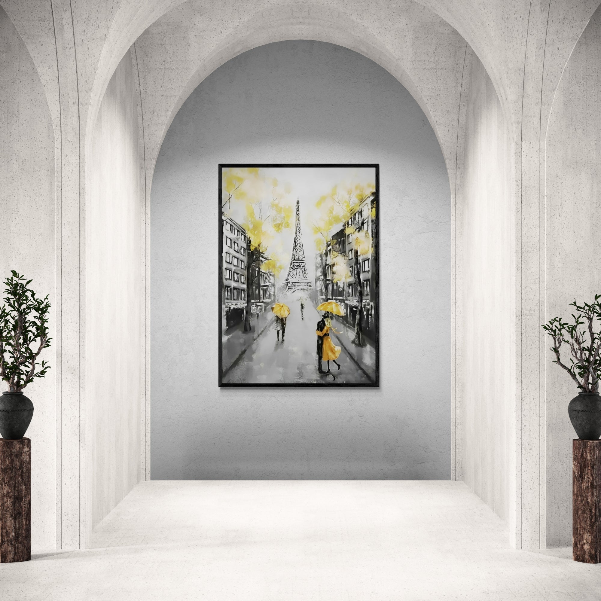 Vertical canvas painting of a rainy Parisian avenue with figures walking under yellow umbrellas, leading the eye toward the Eiffel Tower.