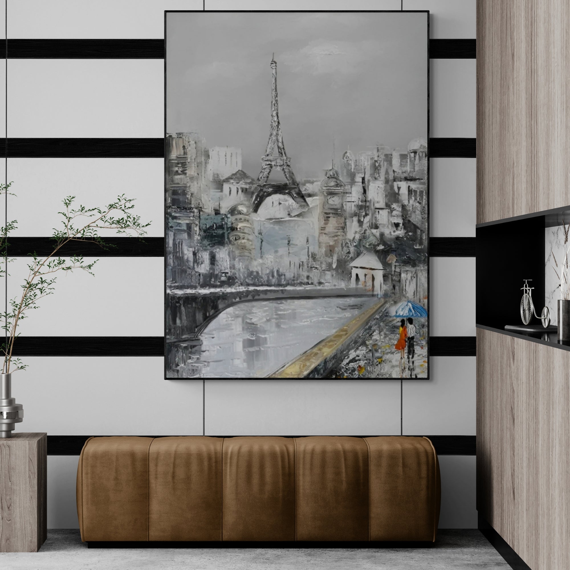 Rainy Paris day painting with city reflections – Neutral-toned canvas artwork showcasing classic French charm, highlighted by touches of blue and orange. Adds atmosphere and warmth to dining rooms, hallways, or boutique hotel spaces