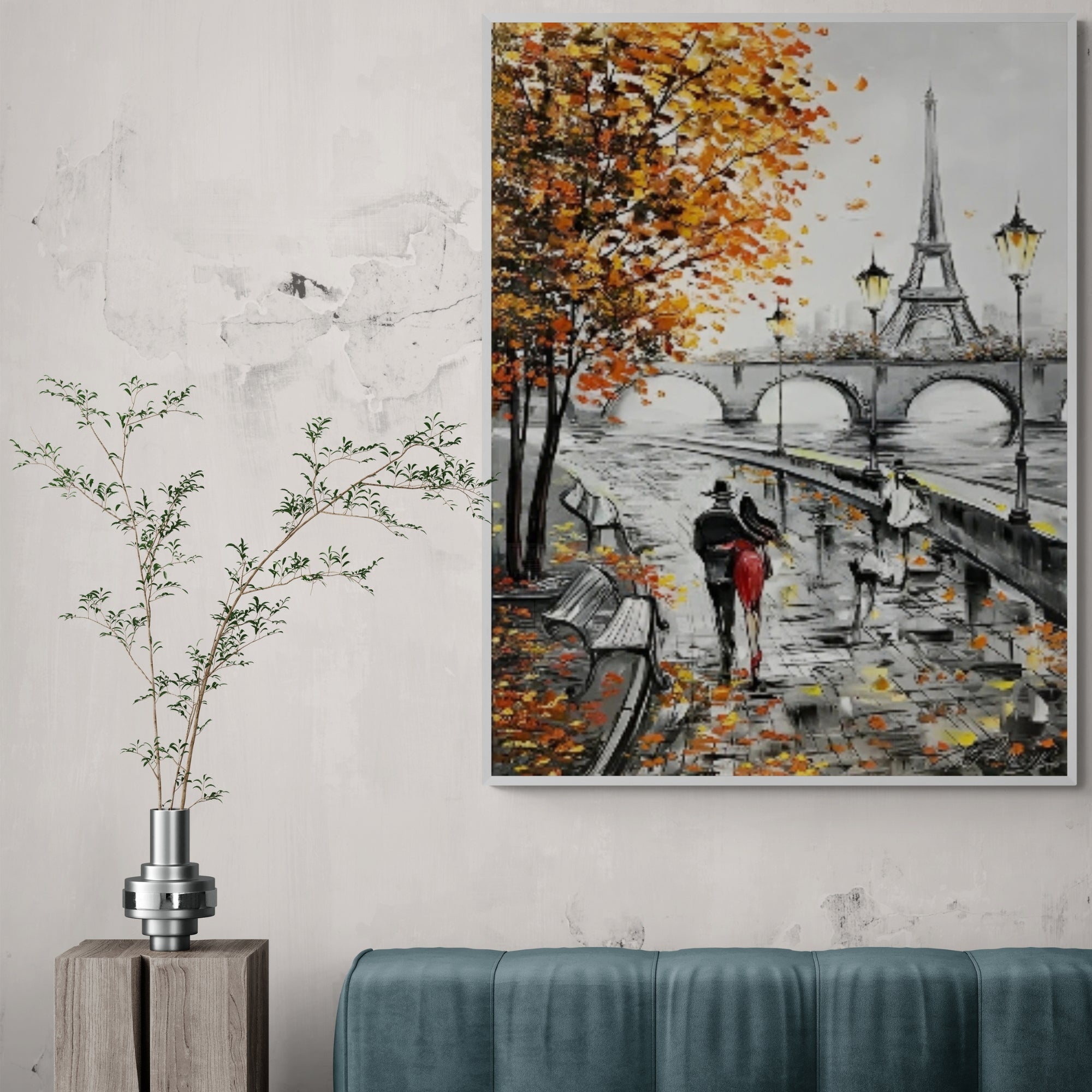 Eiffel Tower city scene with couple and dog – This serene and romantic composition adds warmth and character to modern interiors, including fireplaces, gallery walls, and sitting rooms.