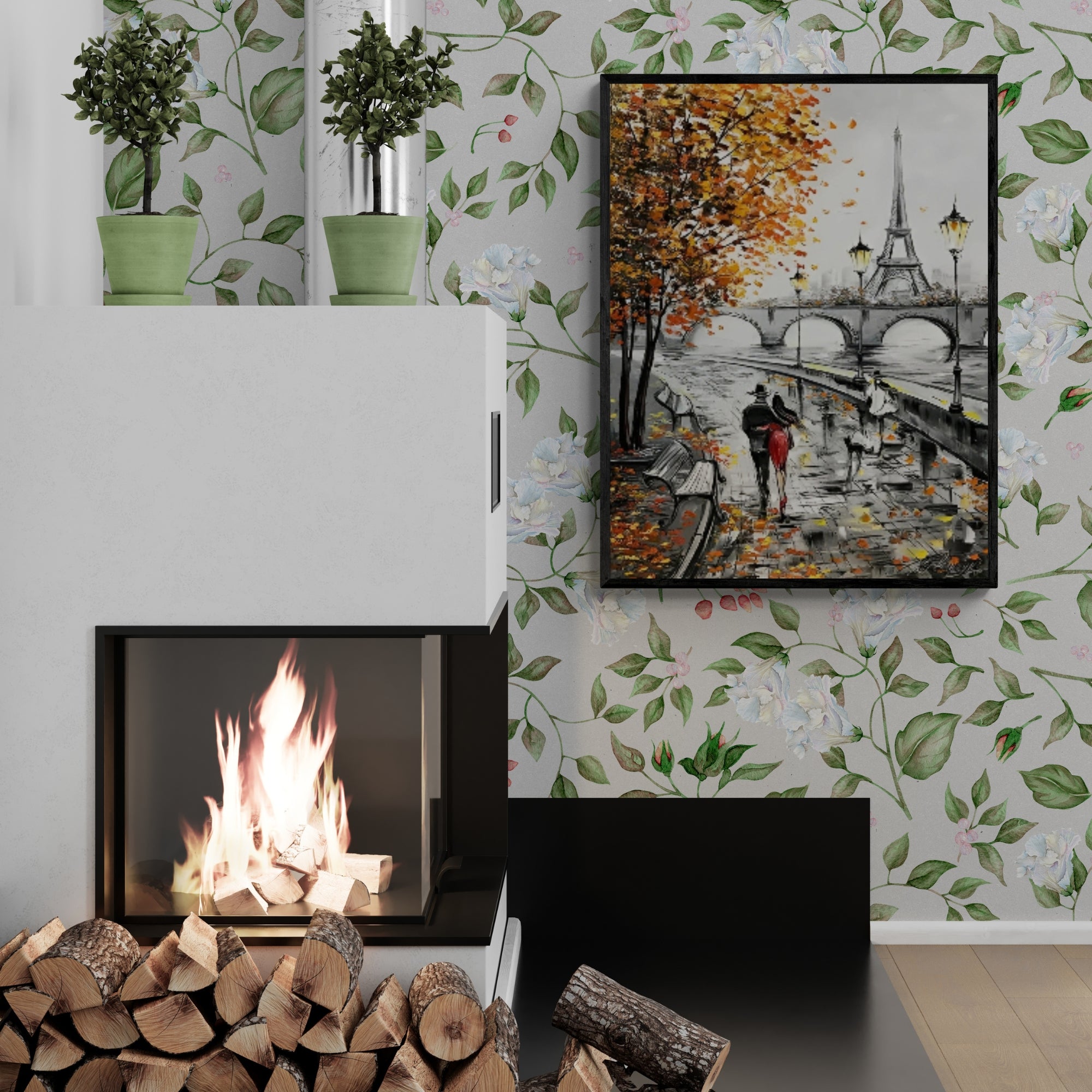 Paris-inspired oil painting with romantic ambiance – Features a couple strolling alongside the Seine with warm fall foliage and soft reflections. Ideal for intimate corners like a home office or guest room