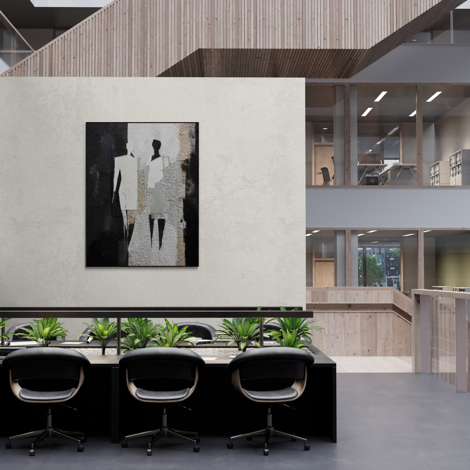 Modern Minimalist Art with Two Figures Walking Side by Side in Muted Tones – Perfect for co-working areas, open-plan offices, or creative studios looking to add character and style.