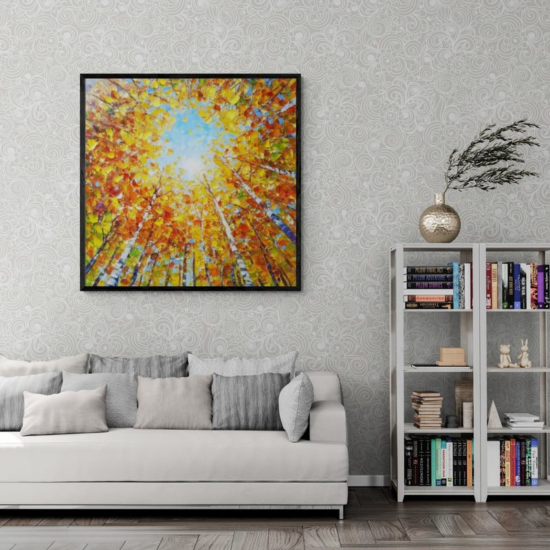Colorful forest ceiling view artwork, blending warm fall tones with sky blue in an expressive brushstroke style. Perfect to bring life into minimalist, boho, or Scandinavian-inspired rooms.