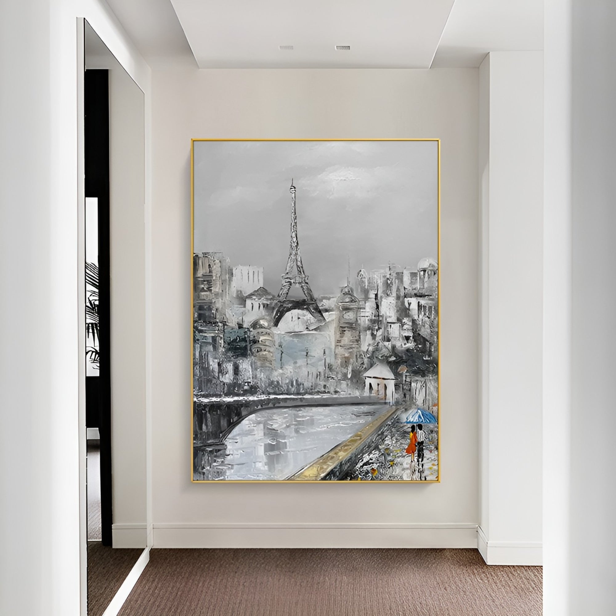 Modern Parisian artwork in hallway interior – A striking piece featuring a misty Paris skyline and elegant pedestrian, ideal for entryways or contemporary decor. Best suited for minimalist or neutral-toned interiors.