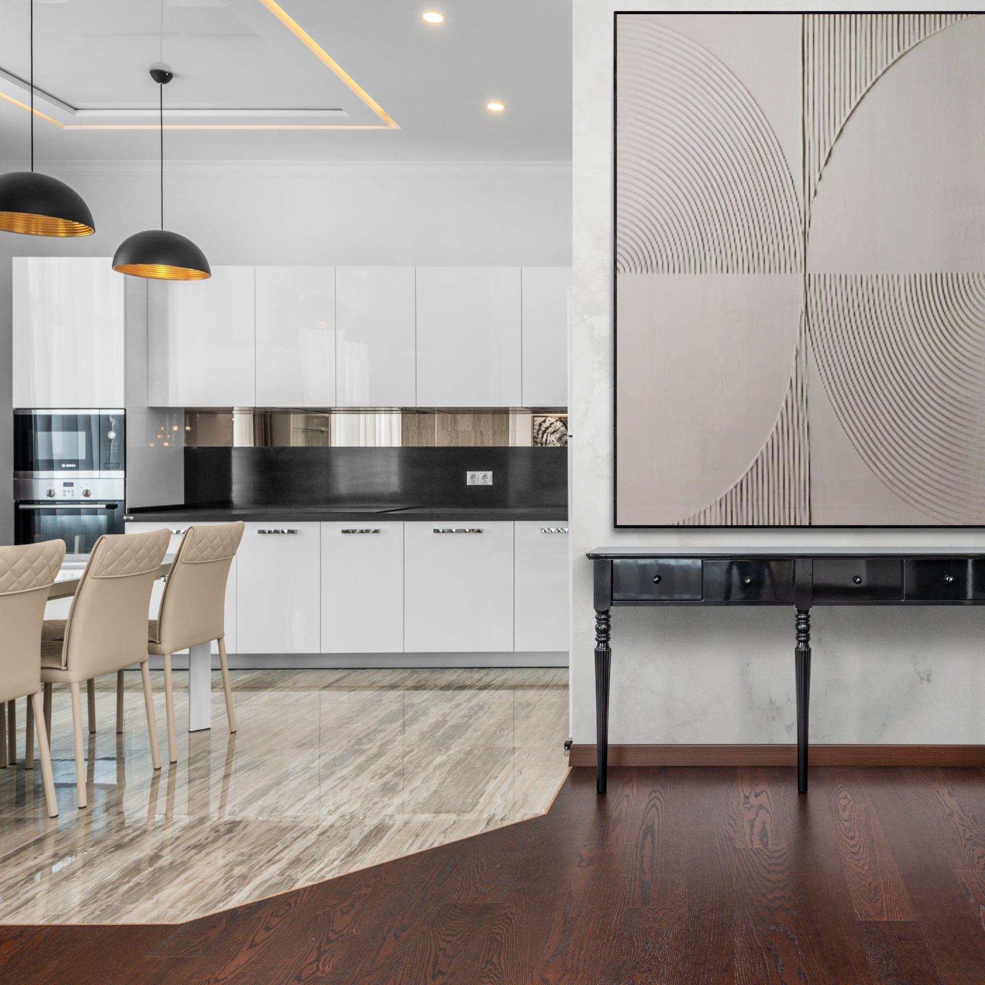 Minimalist abstract wall art with a monochrome palette and bold linear patterns, offering a sophisticated statement for modern homes, luxury kitchens, or upscale gallery walls.