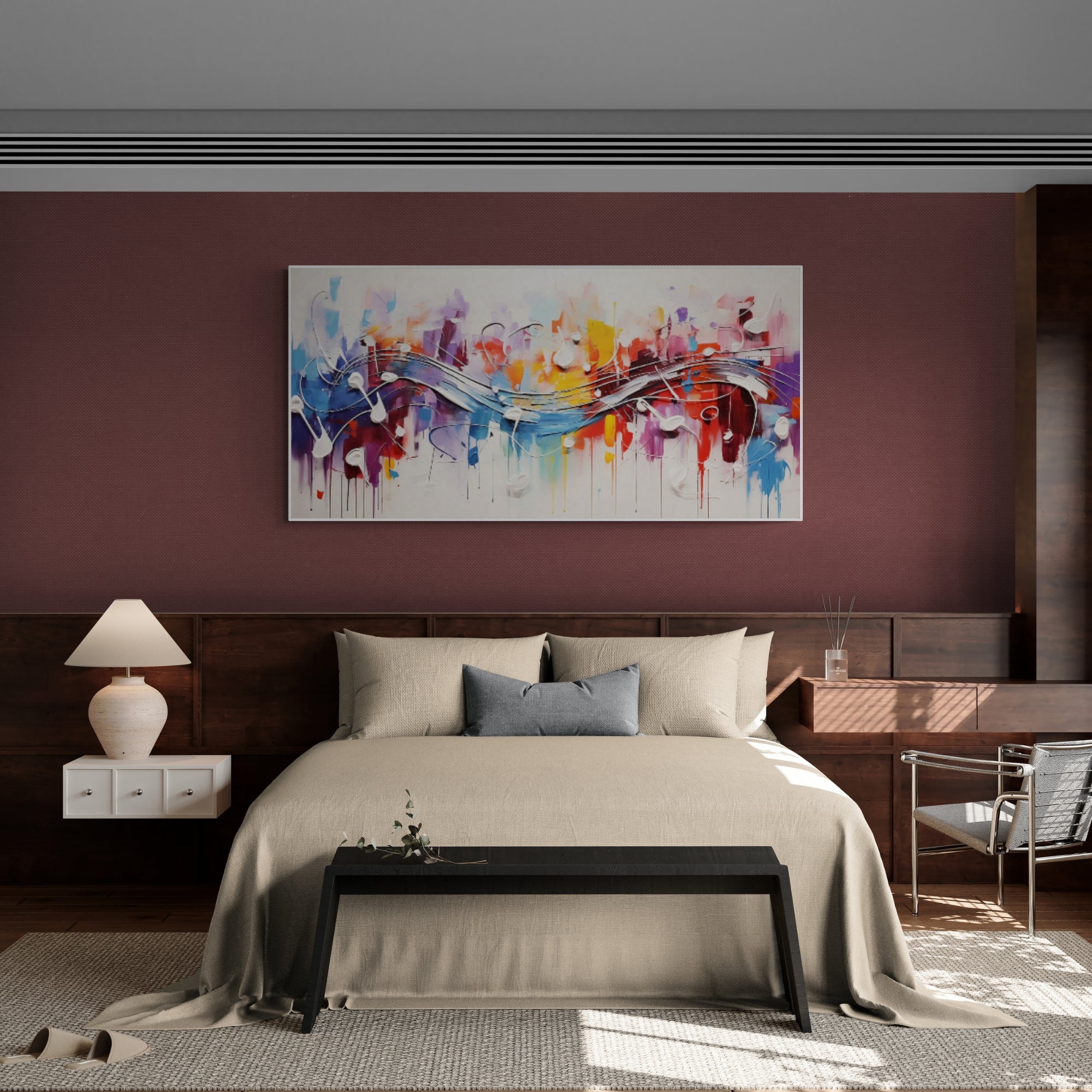 Expressive artwork with a symphony of colors – A dynamic blend of dripping colors and swirling forms creates an energetic centerpiece ideal for music lovers, creatives, or anyone looking to energize their living space.