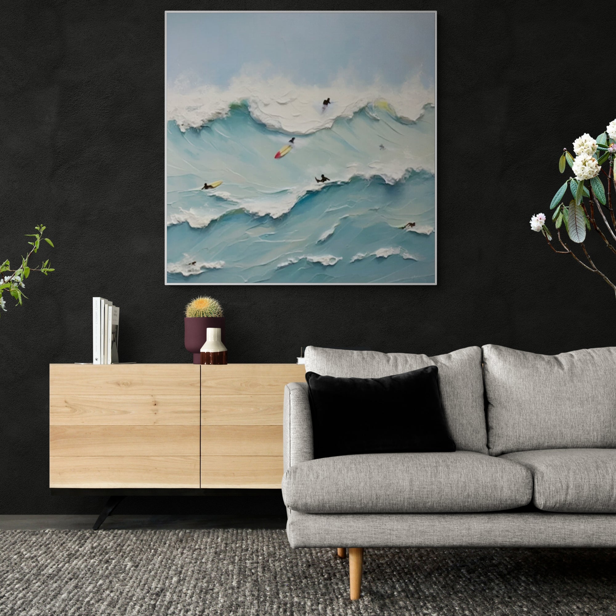 Surfer’s paradise artwork – A playful and bold painting of ocean waves with surfers in motion, adding a splash of adventure to hallways, kids' rooms, or boho-style interiors.