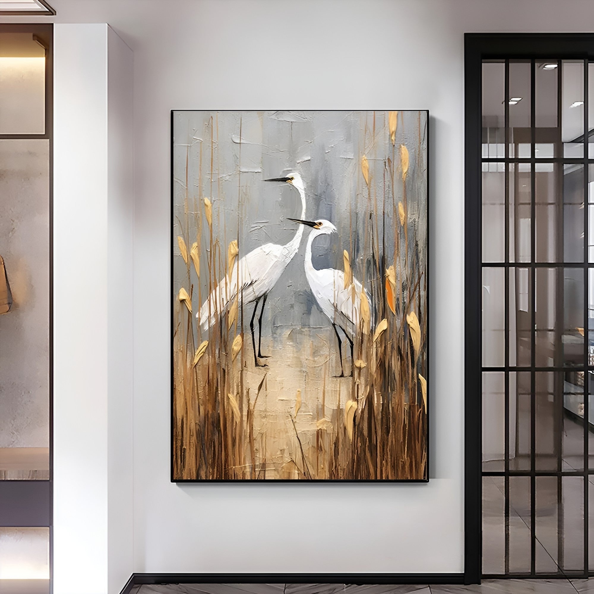 Serene bird artwork with reeds, handmade oil painting to bring peaceful, earthy tones to any living space.