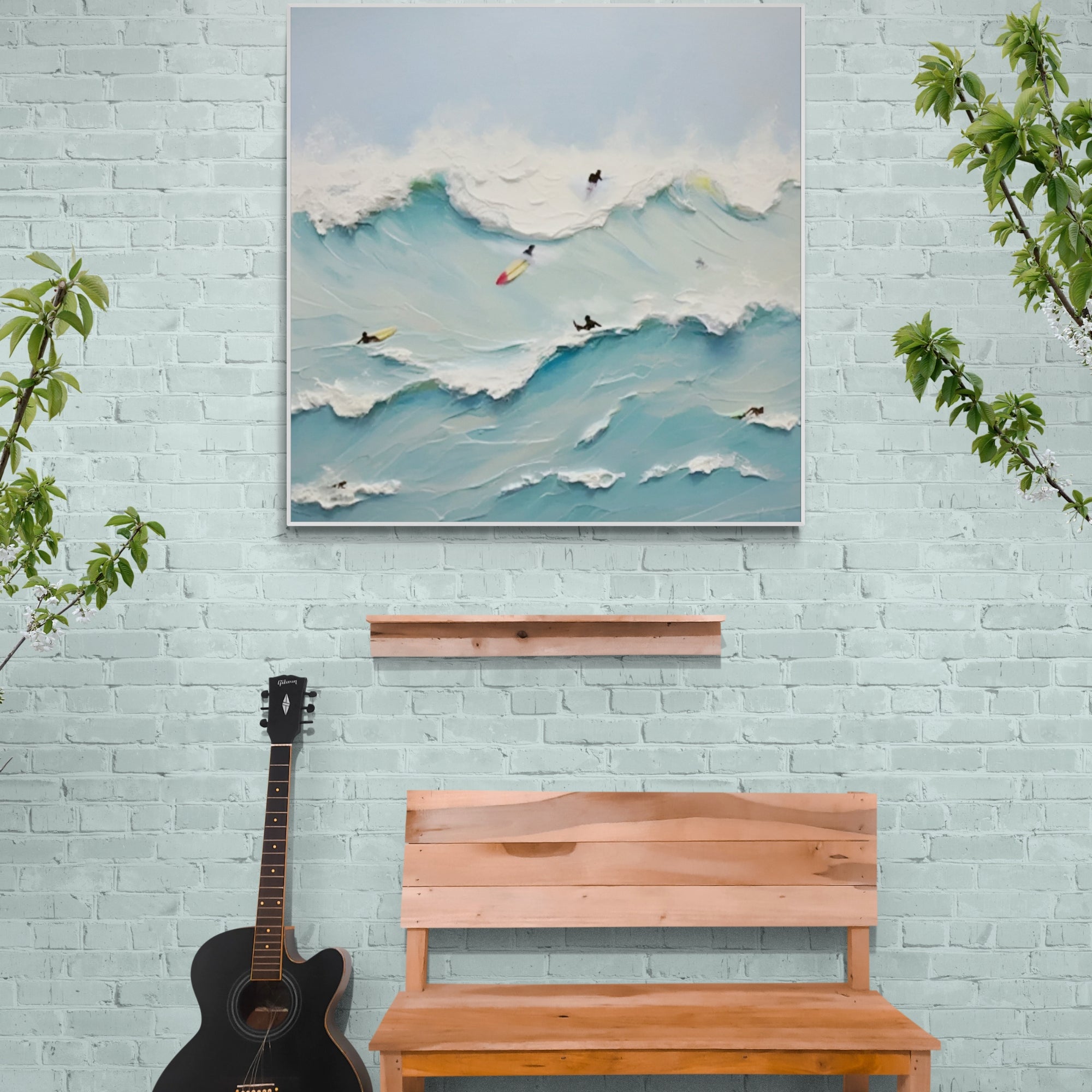 Contemporary ocean wave painting – A group of tiny surfers riding large textured waves, with vibrant board colors adding contrast. Works beautifully in modern living rooms or minimalist interiors.