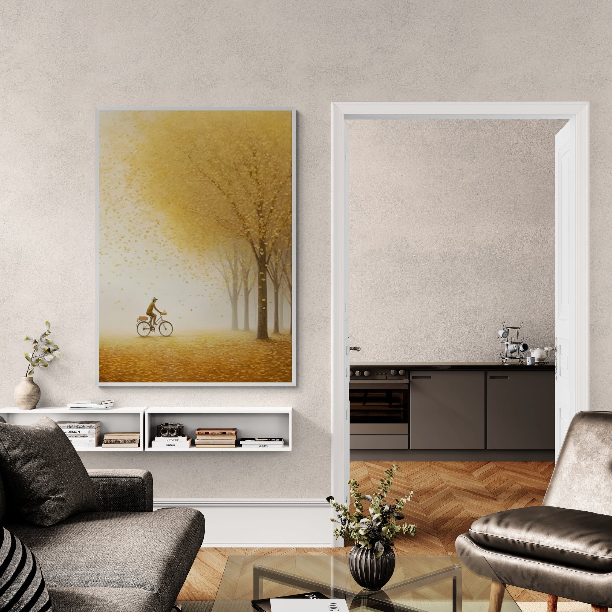 Textured autumn landscape oil painting, brings warmth to entryways, breakfast nooks, or calm reading spaces