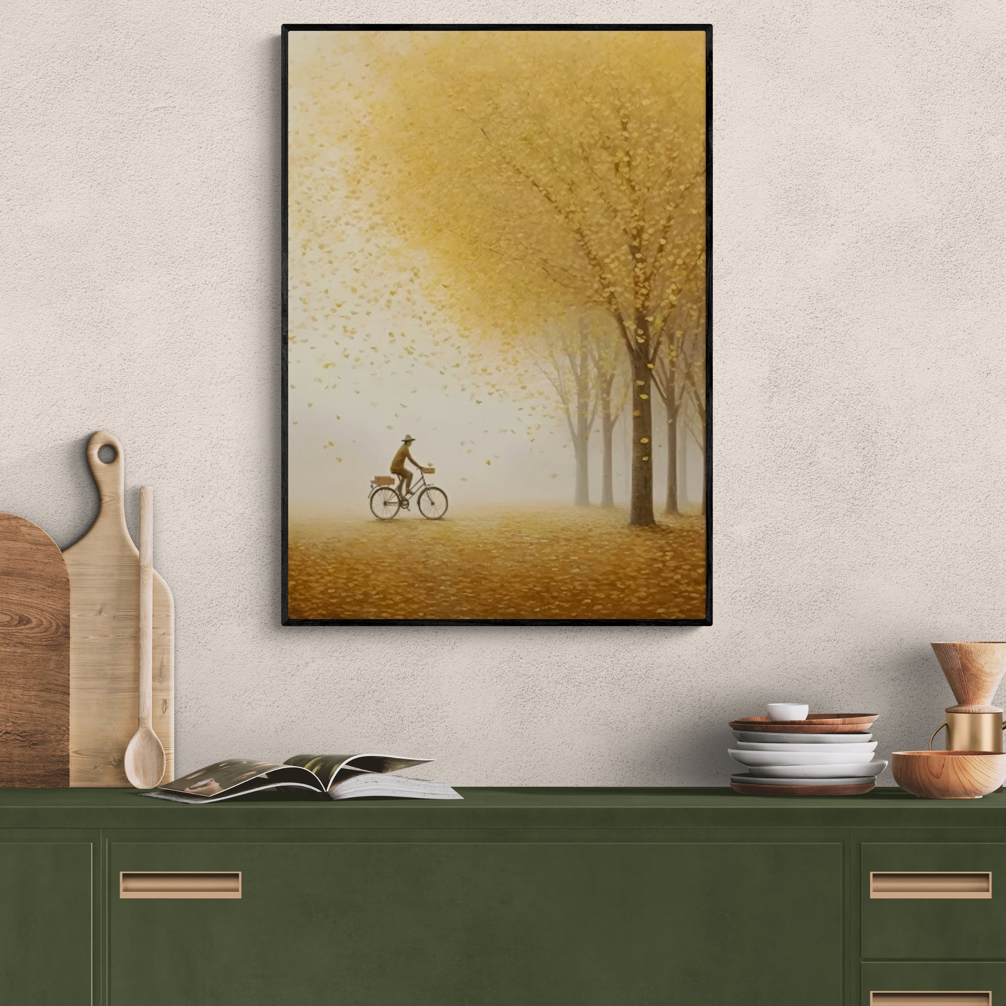 Custom-style oil artwork with golden leaves, great for serene living rooms or rustic-inspired home decor