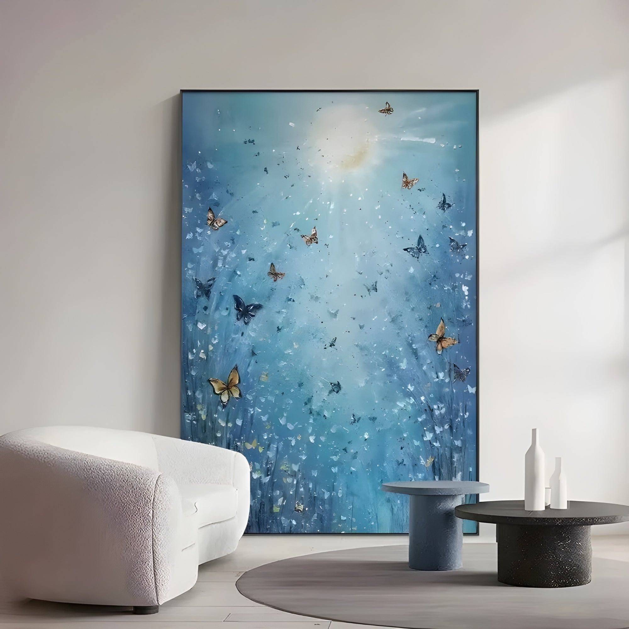 Vertical canvas art with butterflies in flight, handmade oil painting ideal for tranquil, modern home decoration