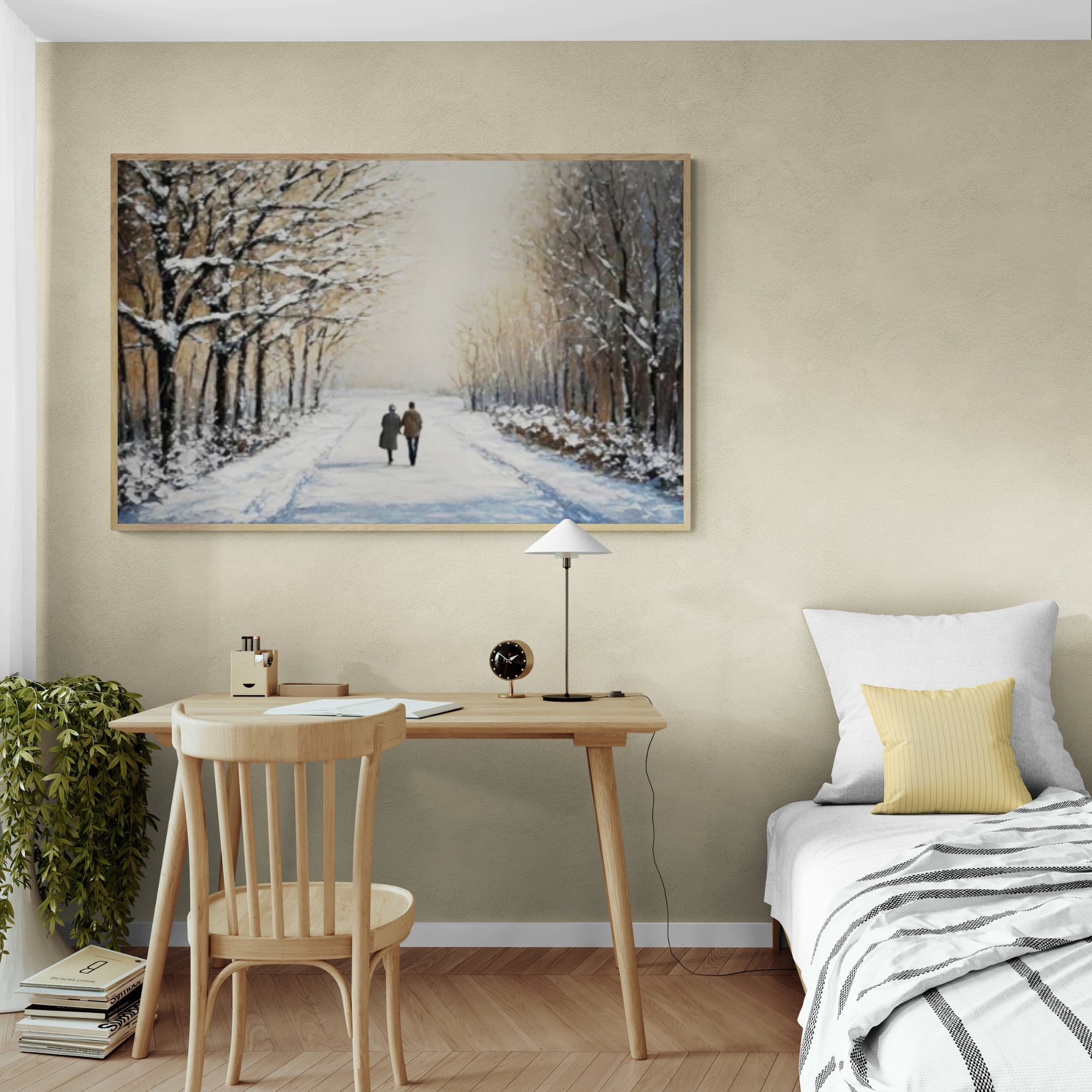 Textured snowy path painting with romantic feel, great for Scandinavian-style spaces or calming dining areas