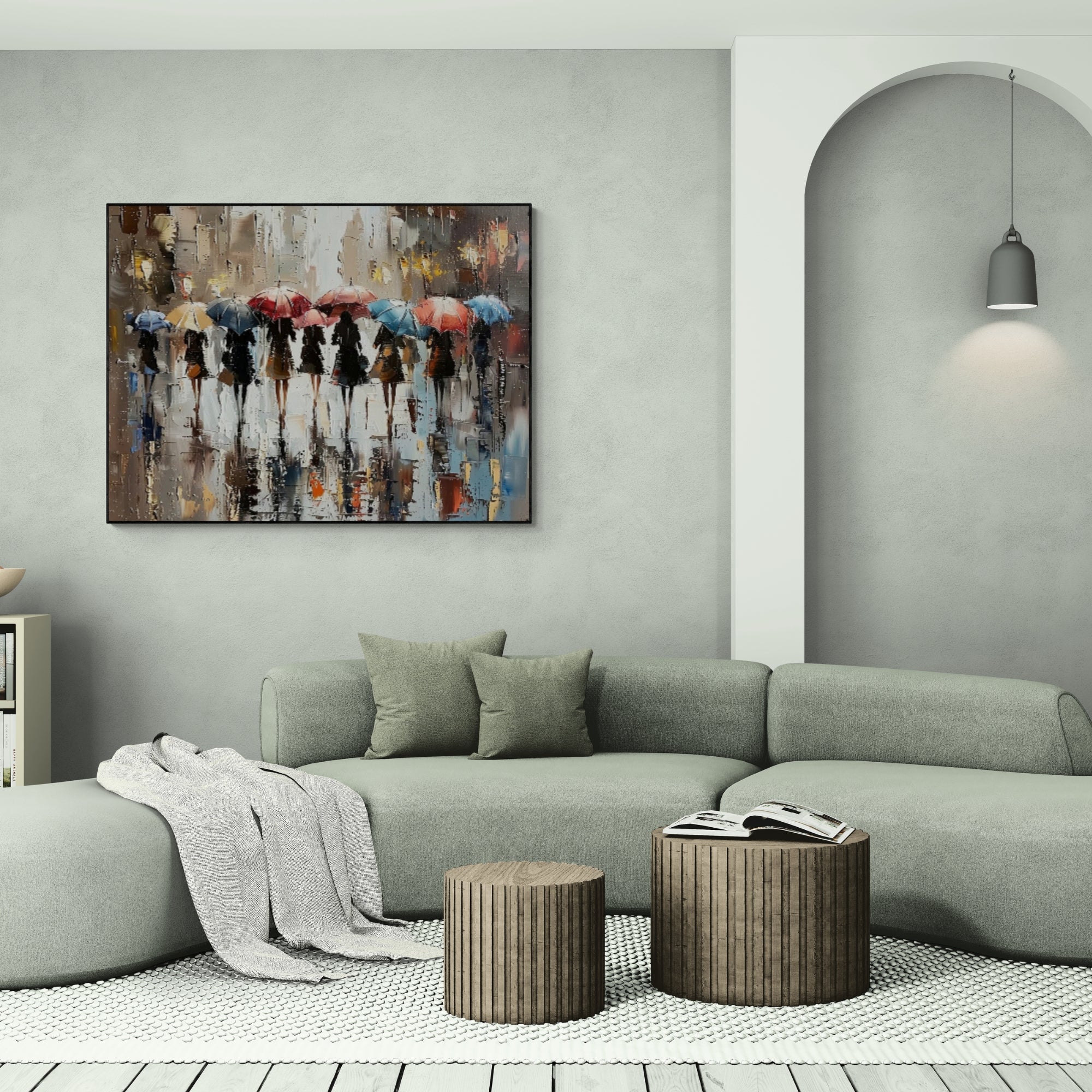Textured oil artwork of a rainy urban walk, perfect for gallery walls in lofts or home offices