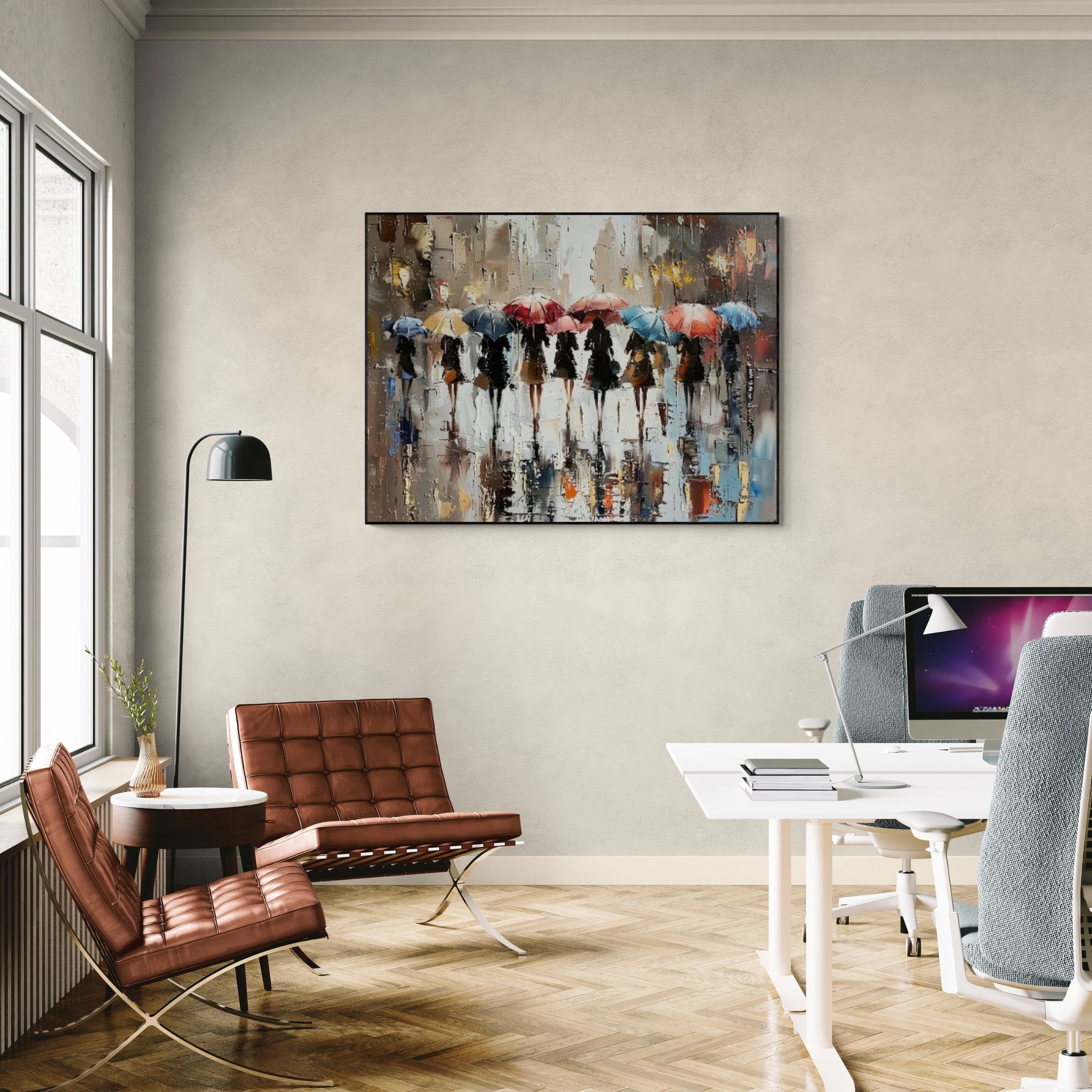 Rainy city scene wall art, hand-painted in oil, ideal for stylish offices or elegant hallway decor