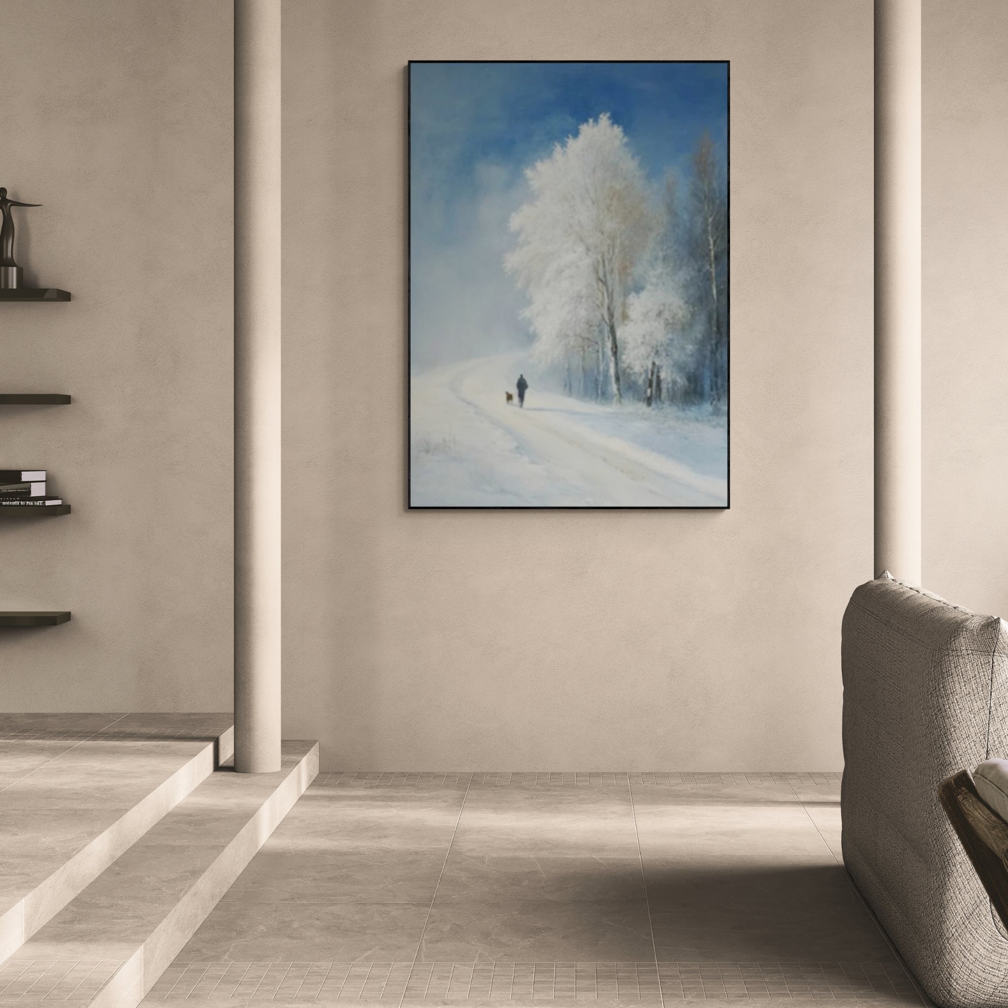 Textured snowy landscape painting with soft blue tones, perfect for elegant lounge areas or serene nooks