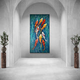 Koi fish artwork in bold colors, oil on canvas, perfect for boho-style decor or minimalist gallery walls