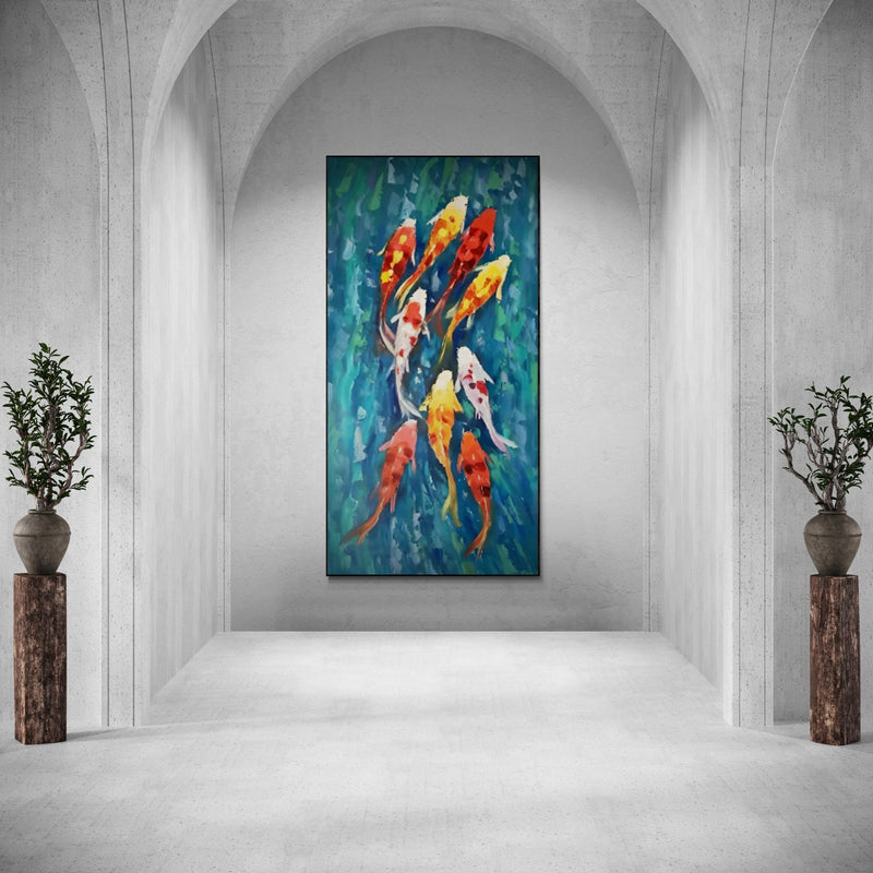 Koi fish artwork in bold colors, oil on canvas, perfect for boho-style decor or minimalist gallery walls
