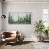 Hand-painted forest scene featuring a misty ambiance and layered evergreens, evoking peace and stillness.