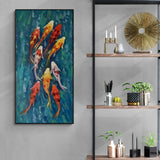 Vibrant koi fish swimming in harmony, handmade oil piece suited for peaceful lounges or art-filled corridors