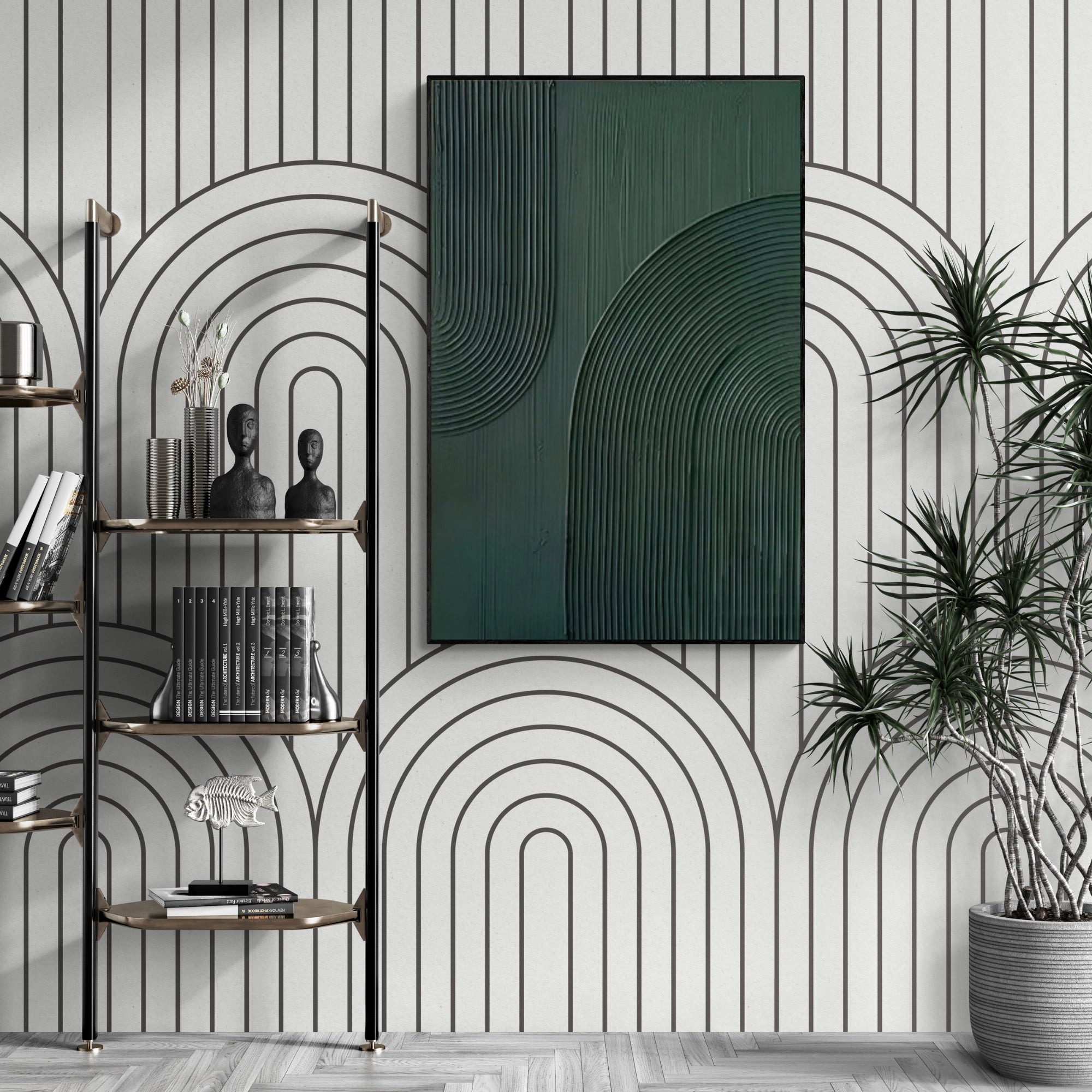 Modern handcrafted abstract painting in dark green shades, perfect for chic interiors with neutral or monochrome palettes.