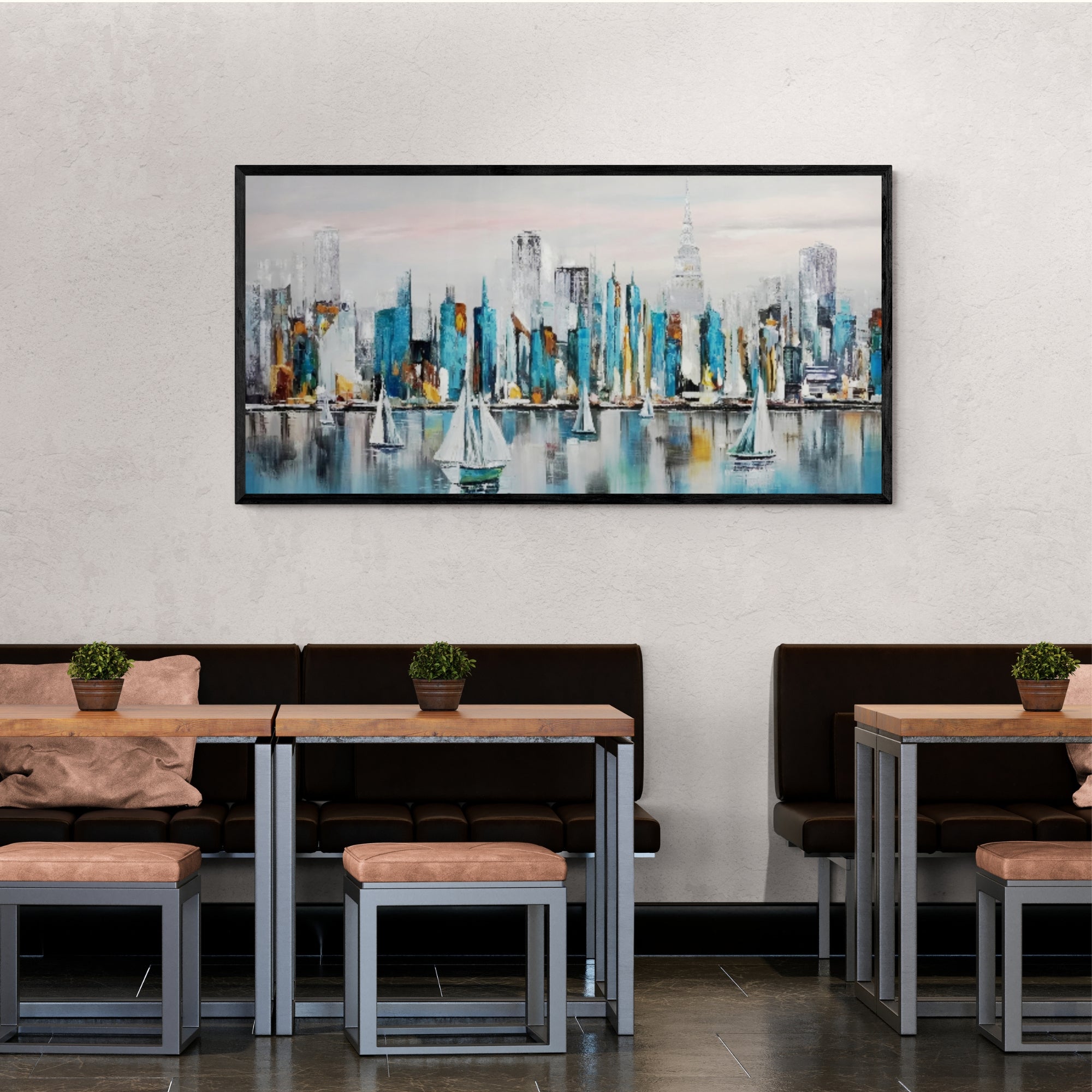 Abstract marina-themed city art, where crisp buildings rise behind playful sailboats on reflective water, an eye-catching piece ideal for upscale cafes, waiting rooms, or open-plan kitchens.