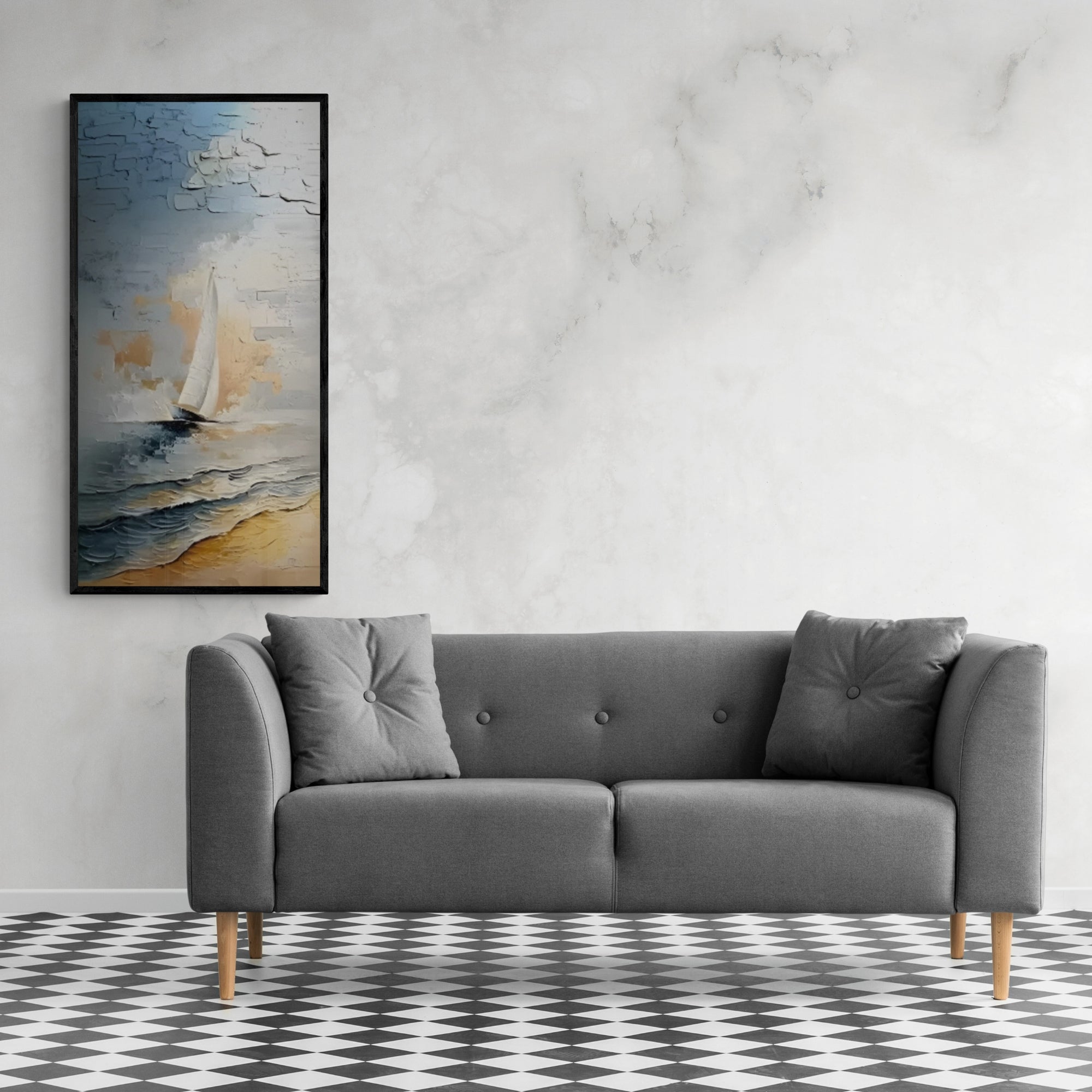 Hand-painted abstract seascape with a sailboat gliding over textured waves, creating a peaceful ambiance in stylish home décor