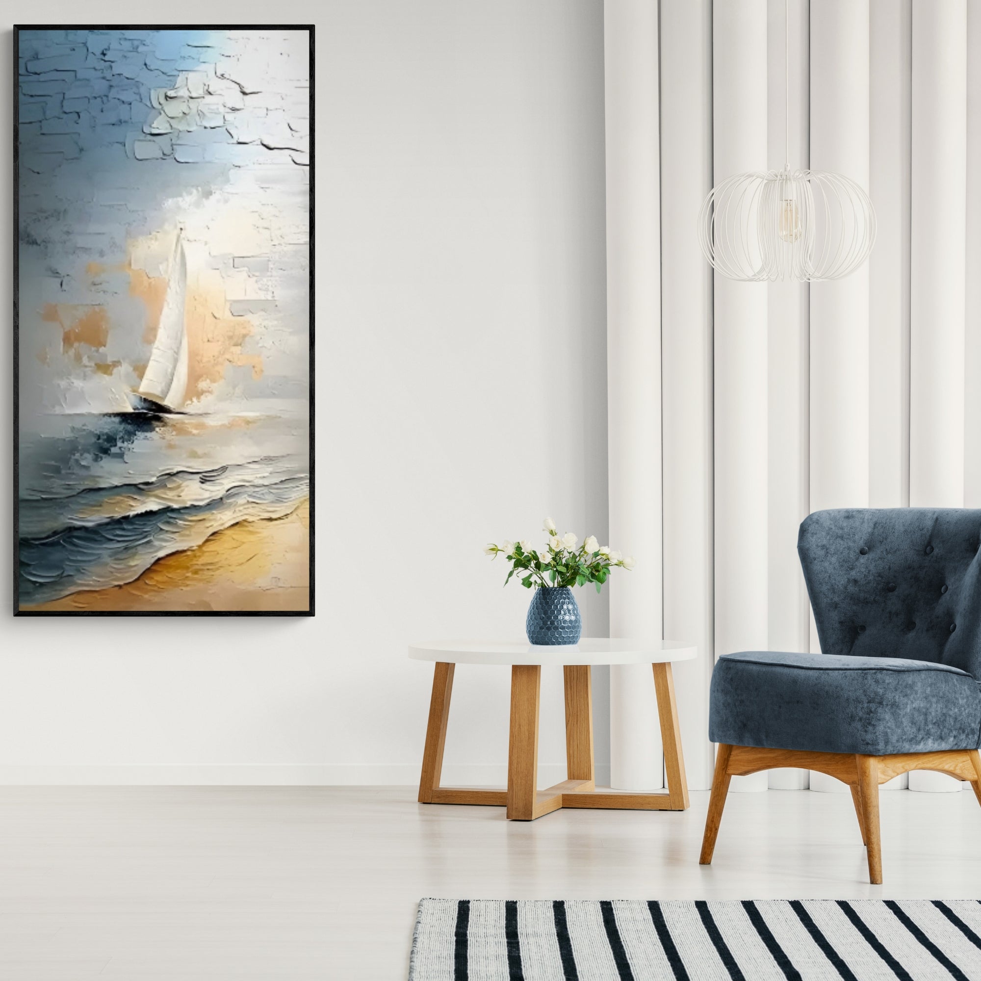 Unique vertical sailboat painting with soft blues and golden accents, enhancing modern interiors with timeless coastal charm.