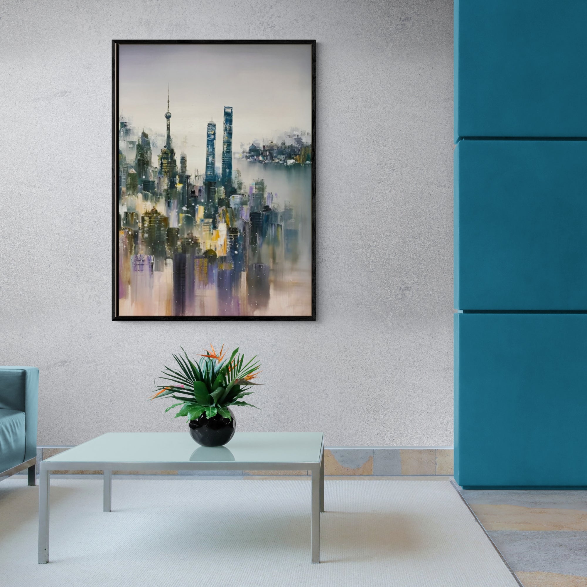 Textured handmade oil painting of skyscrapers fading into mist, bringing urban elegance to modern spaces.