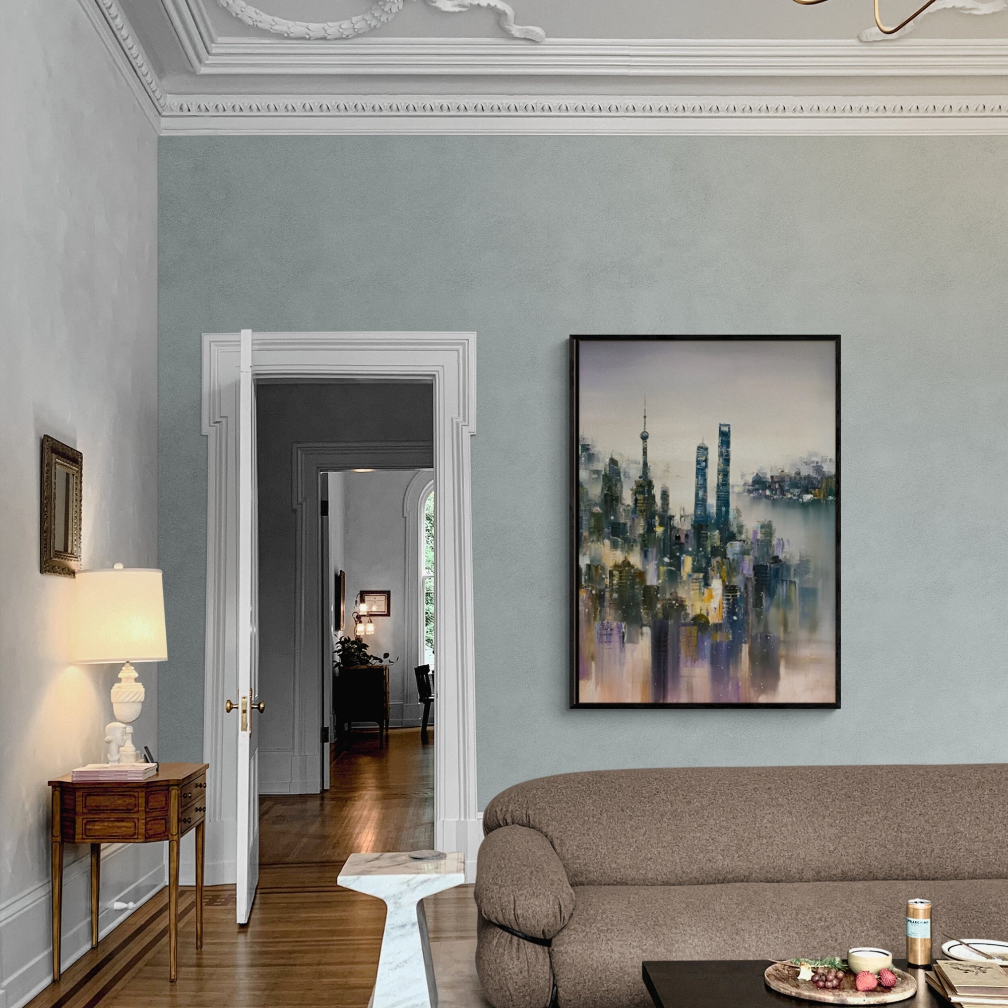 Modern handmade oil painting of an urban skyline, ideal for office or living room wall decor.