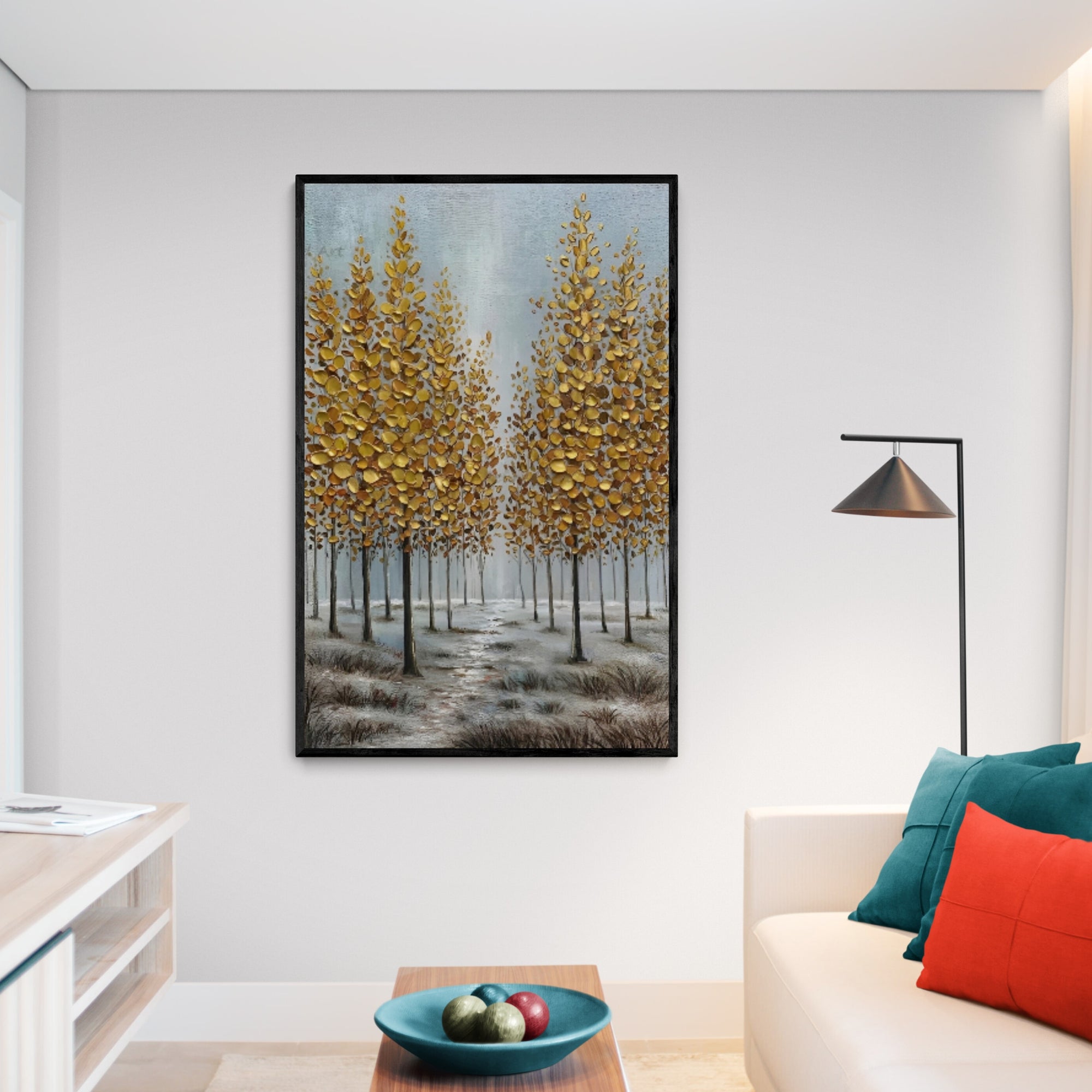 Tranquil handmade landscape art with yellow trees and soft fog, a perfect touch for fall-themed interiors.