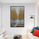 Tranquil handmade landscape art with yellow trees and soft fog, a perfect touch for fall-themed interiors.