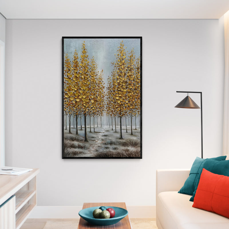 Tranquil handmade landscape art with yellow trees and soft fog, a perfect touch for fall-themed interiors.