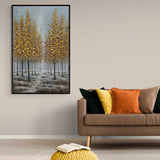 Misty forest path with golden trees in handmade oil painting, beautiful seasonal accent for any room.