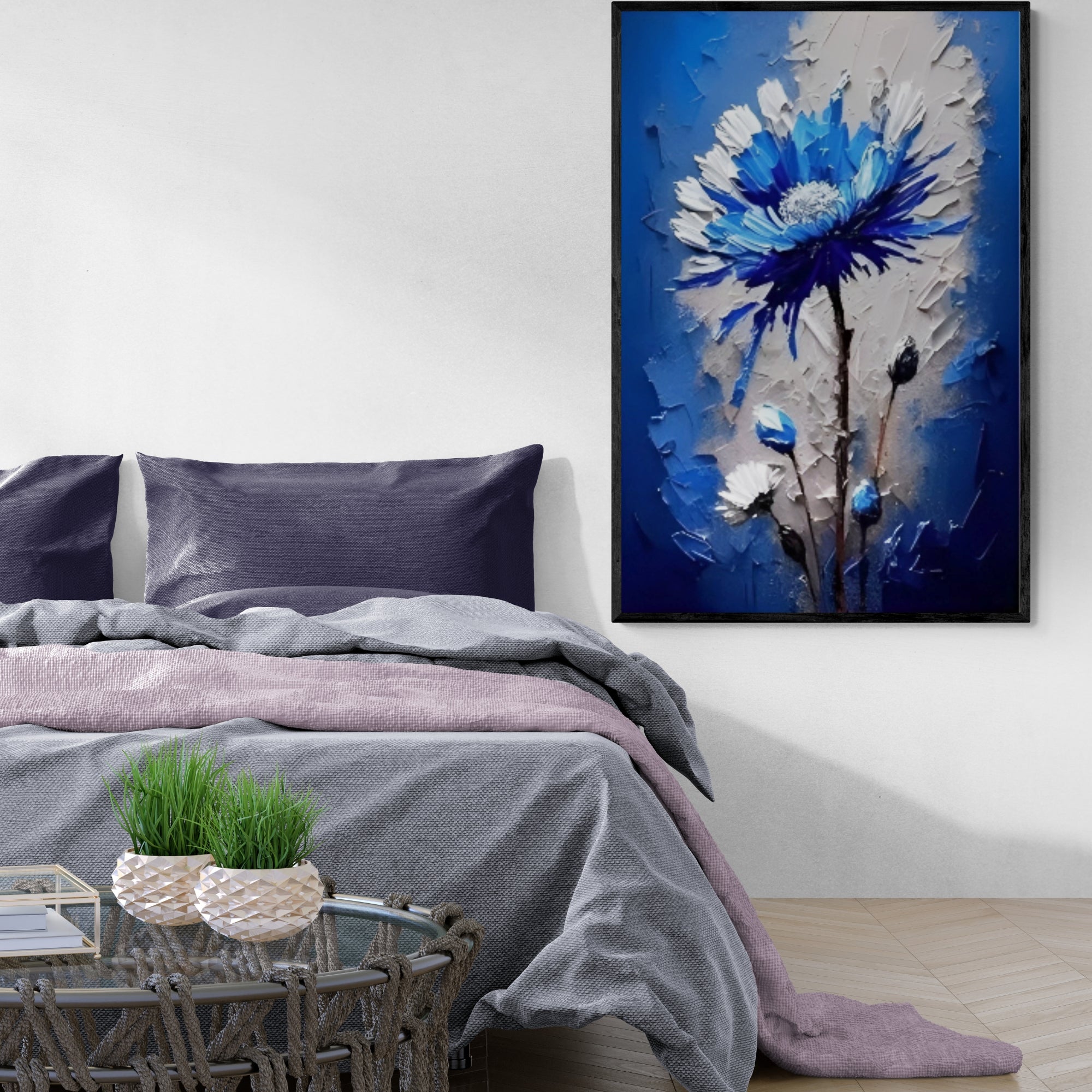 Blue handmade floral oil painting with textured details, enhancing interior ambiance with artistic flair.
