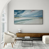 Textured seascape oil painting, capturing beach tranquility — a peaceful addition to dining or meeting spaces.