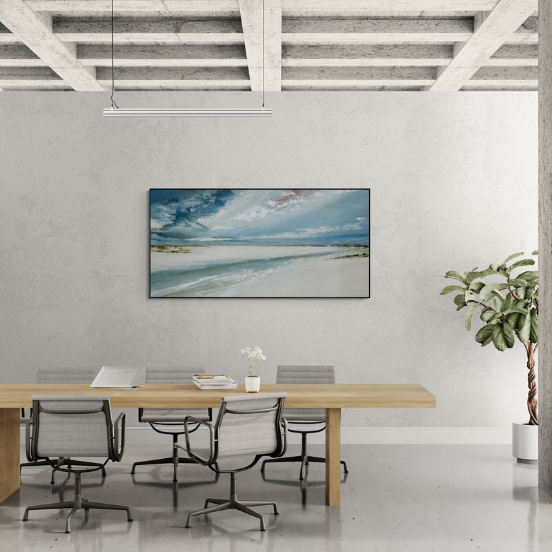 Elegant handmade beach painting, ideal for adding freshness and calm to a living space, hallway, or boardroom.