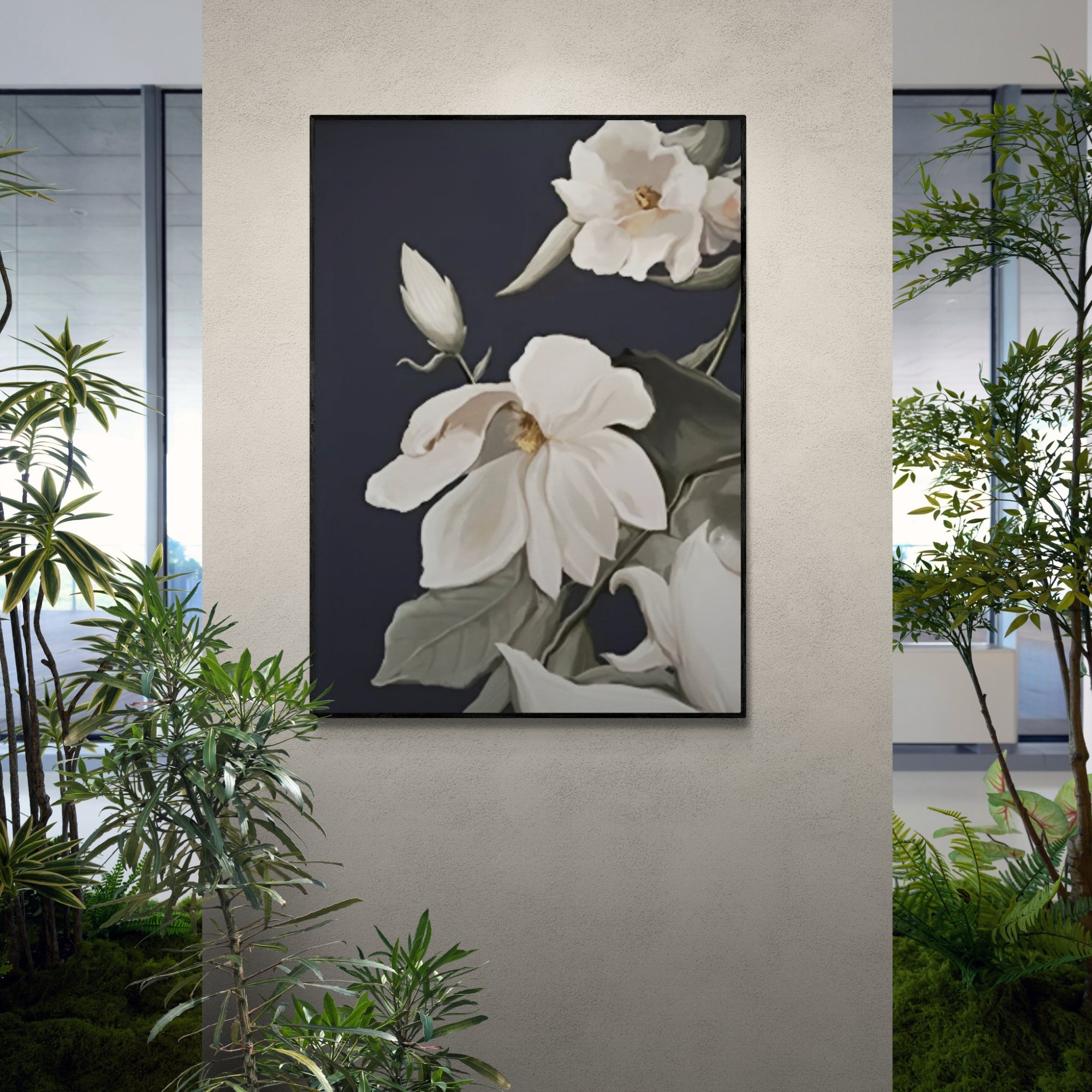 Close-up view of a delicate flower painting with muted tones, framed and hung in a stylish lounge with earthy decor and wood accents.