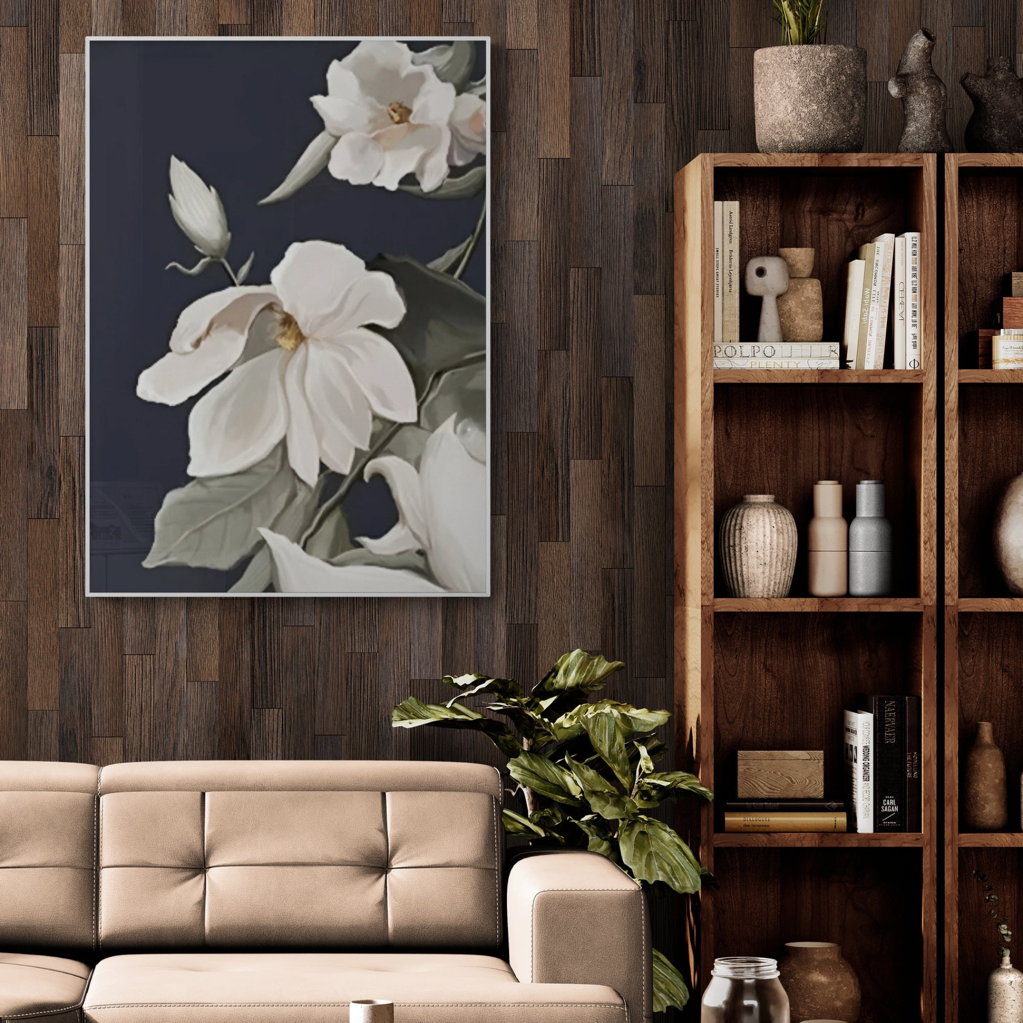 Minimalist floral wall art capturing white blossoms and lush foliage, perfectly integrated into a chic room with neutral tones and botanical touches.
