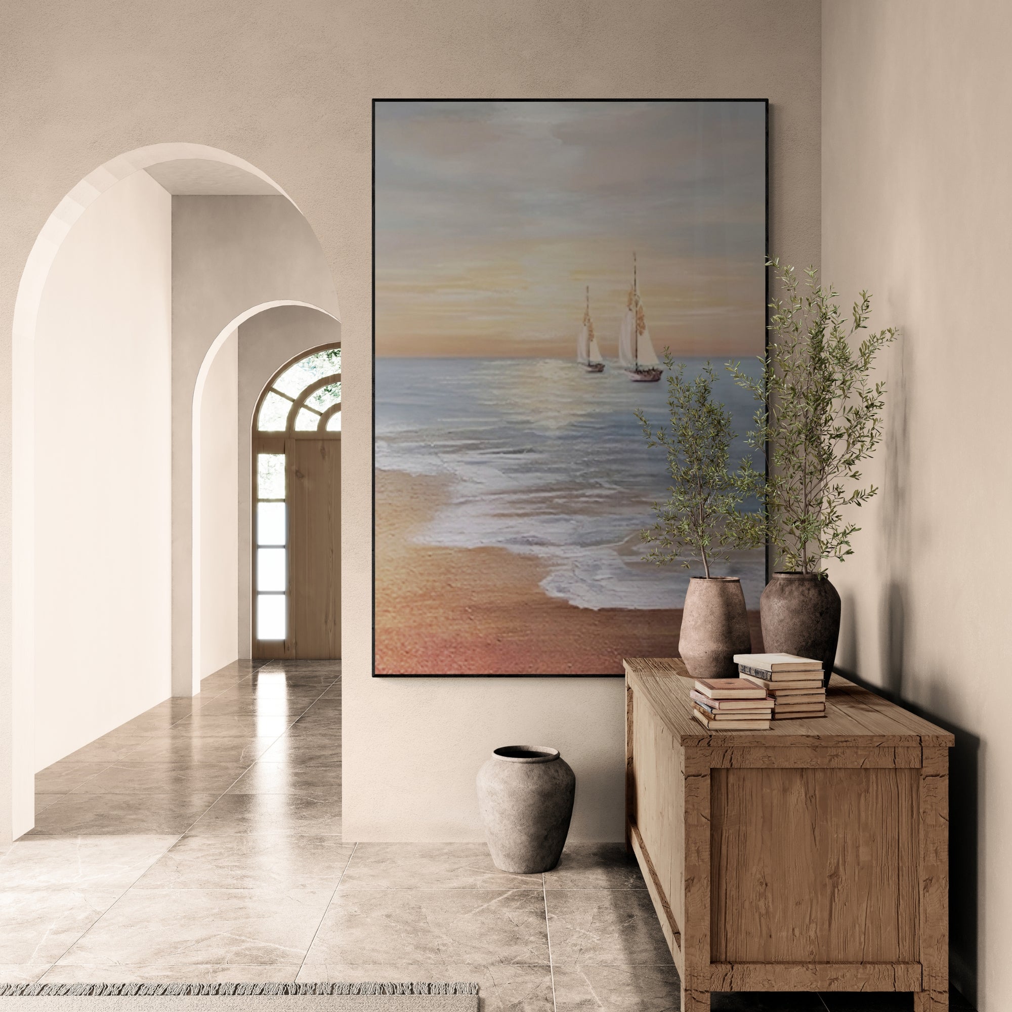 Peaceful coastal artwork featuring sailboats and gentle waves brings tranquility to a minimalist white-walled interior.