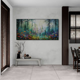 Mystical forest landscape with glowing foliage in red, orange, and violet tones, hanging above a low stone bench with decorative books and vases.