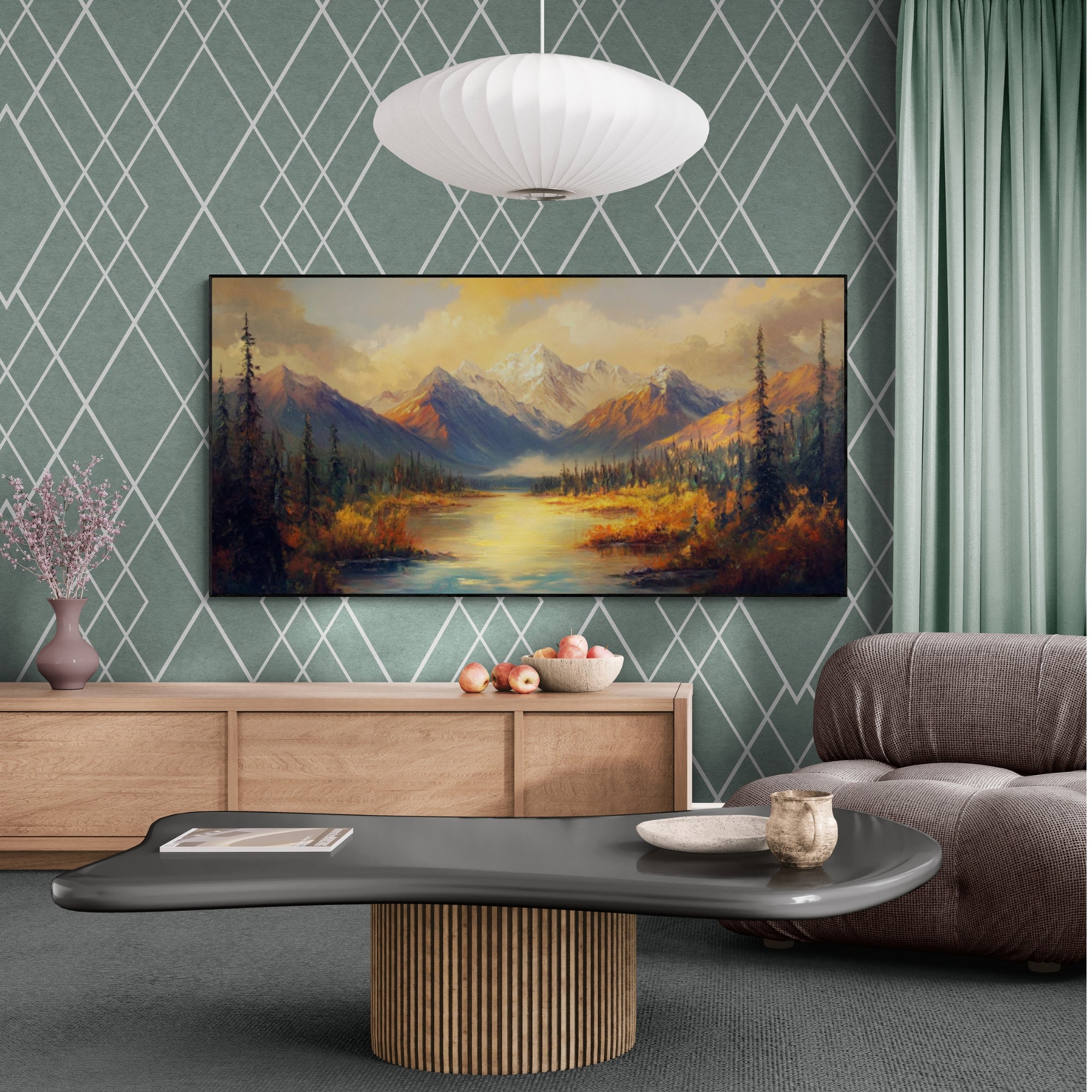 Golden-hour mountain scene rendered in warm brushstrokes and soft contrast—ideal for entryways or dining rooms that embrace organic tones and rustic charm.