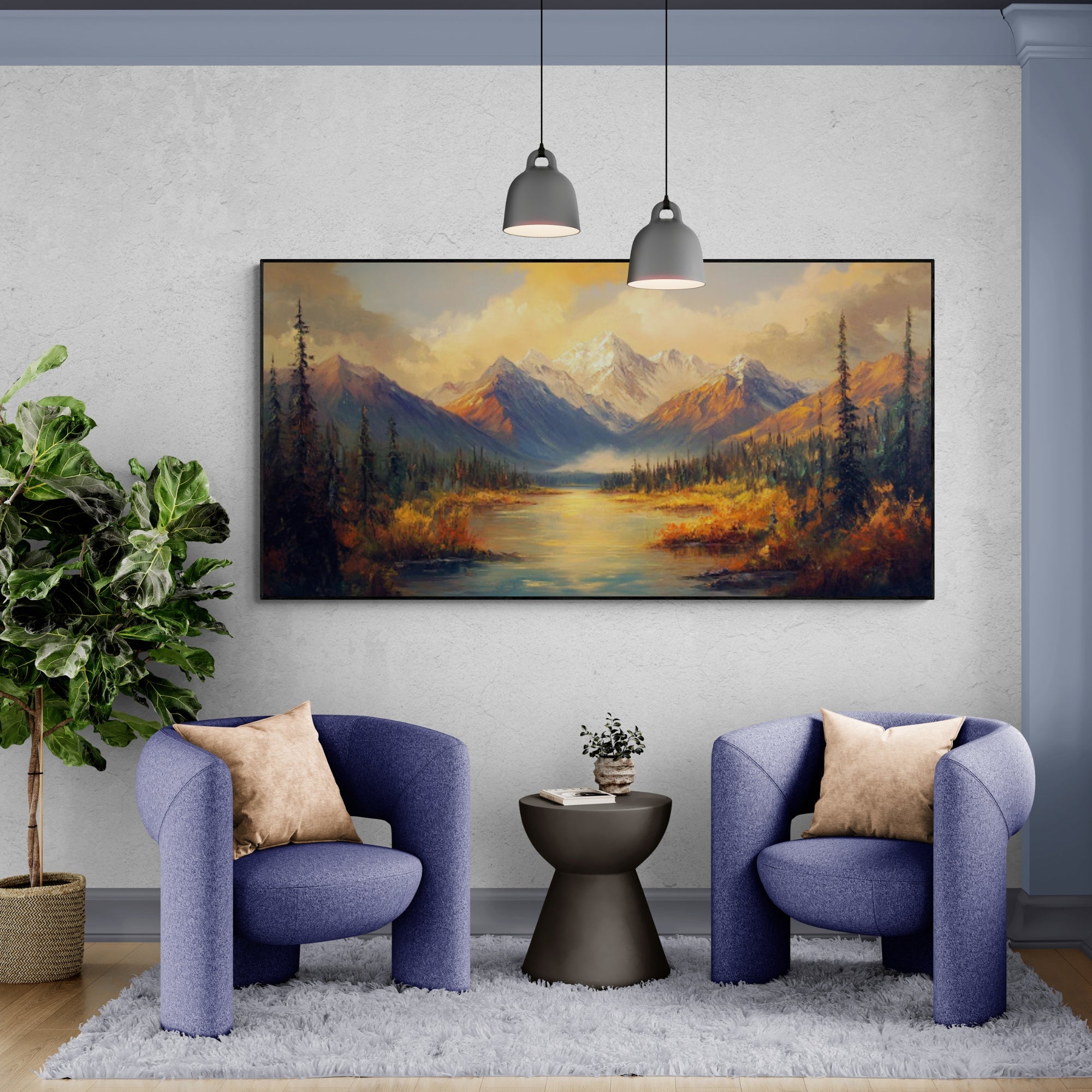 Textured oil painting showcasing a majestic alpine view bathed in sunset light—adds depth and tranquility to minimalist interiors or nature-themed décor.