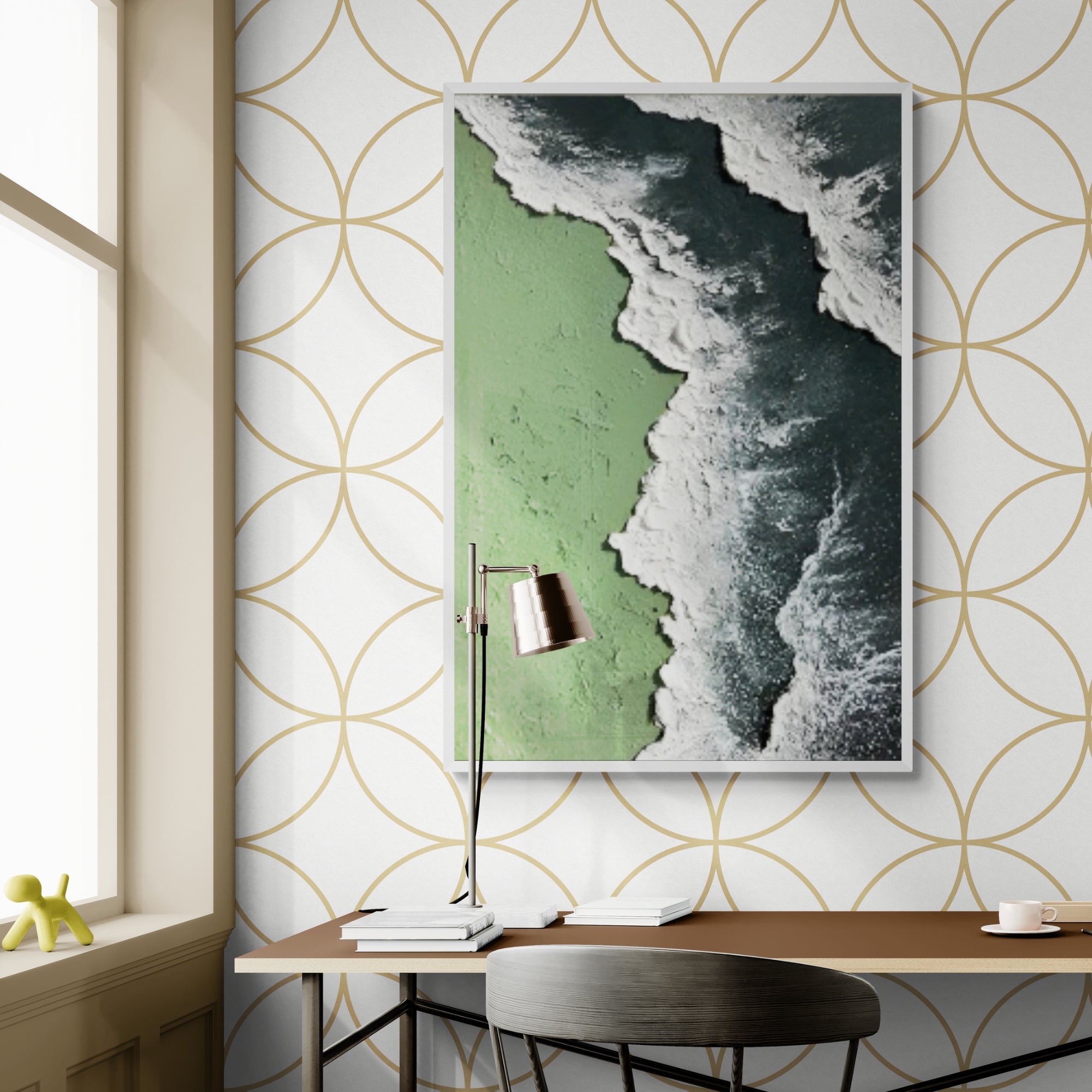 Handmade coastal canvas with green and navy tones, ideal for calming nooks or lounges.