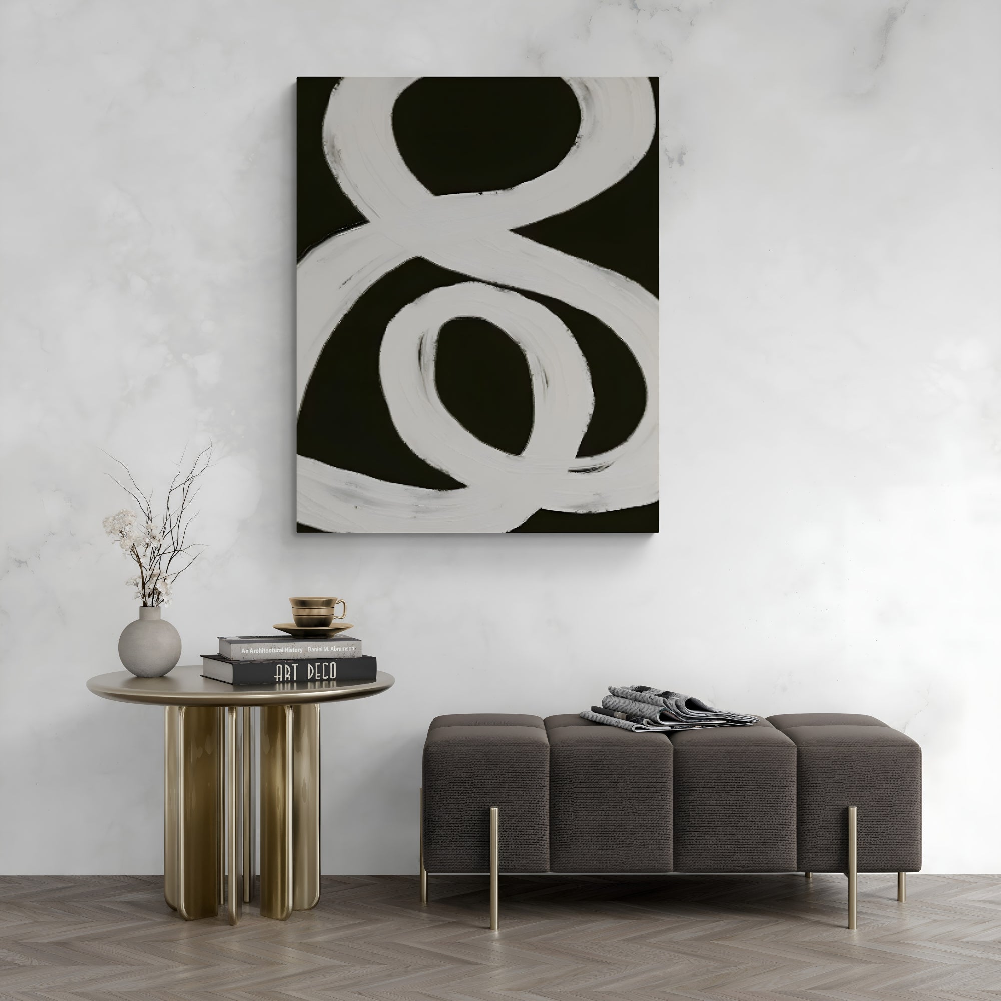 Handmade wabi-sabi oil painting with bold white strokes on black canvas, perfect abstract wall art for modern minimalist decor.
