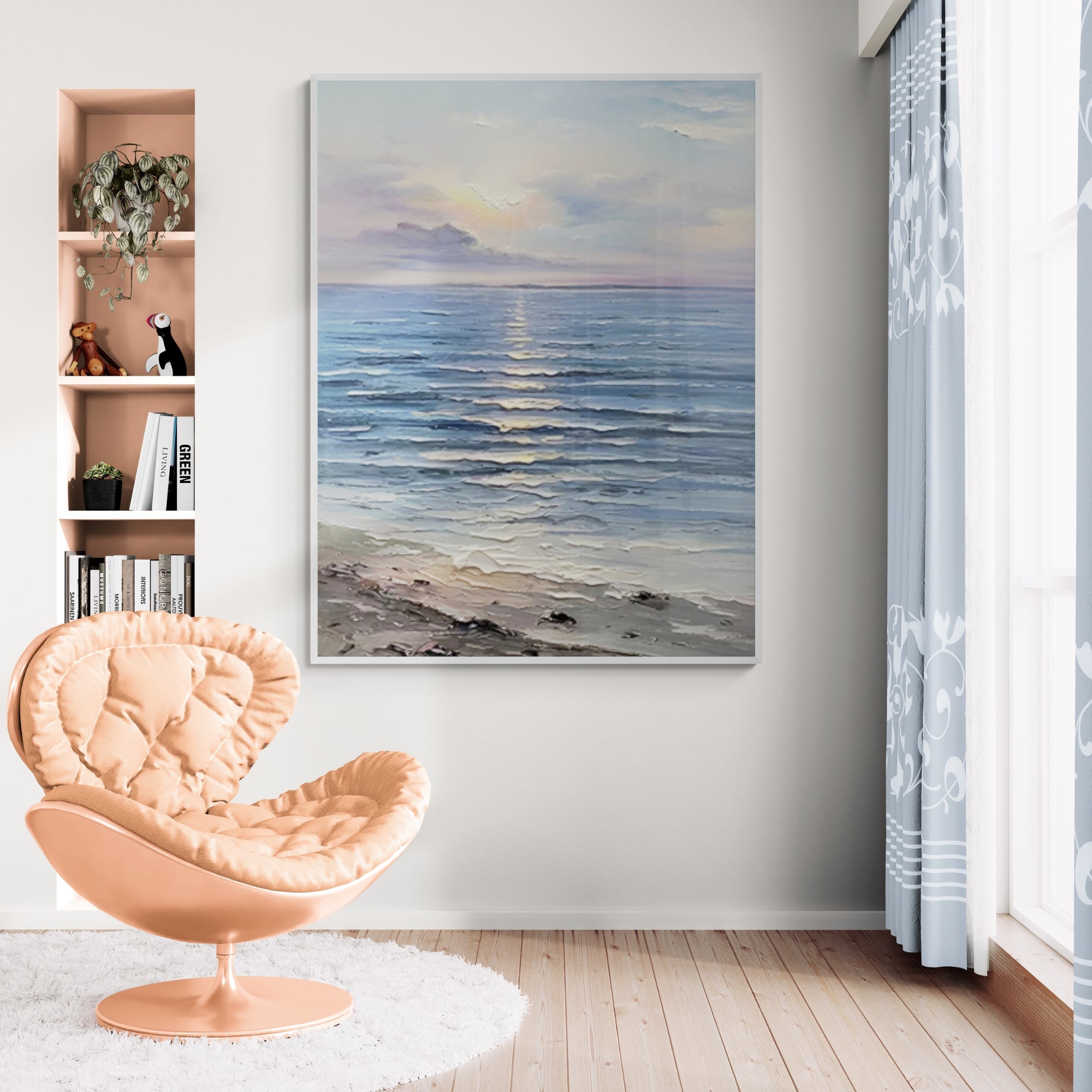 Handmade beach horizon canvas, a calming focal piece for entryways, reading corners, or hallways.